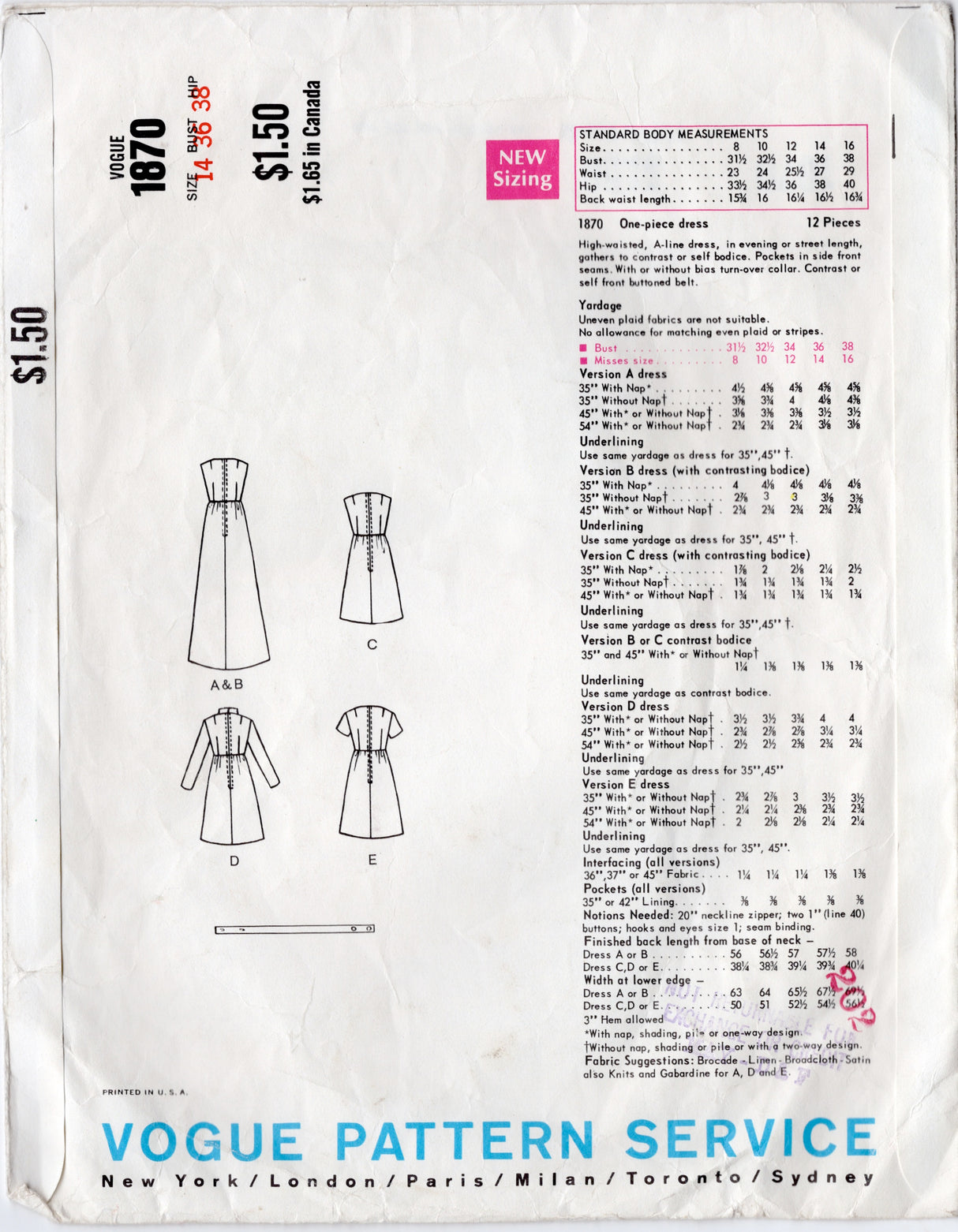 1960's Vogue Basic Design Empire Waist Midi or Maxi Dress Pattern - Bust 36" - No. 1870