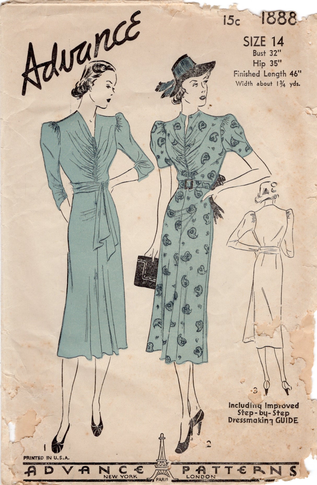 1930's Advance One Piece Dress with Gathered Front Bodice and Puff Sleeve - Bust 32" - No. 1888