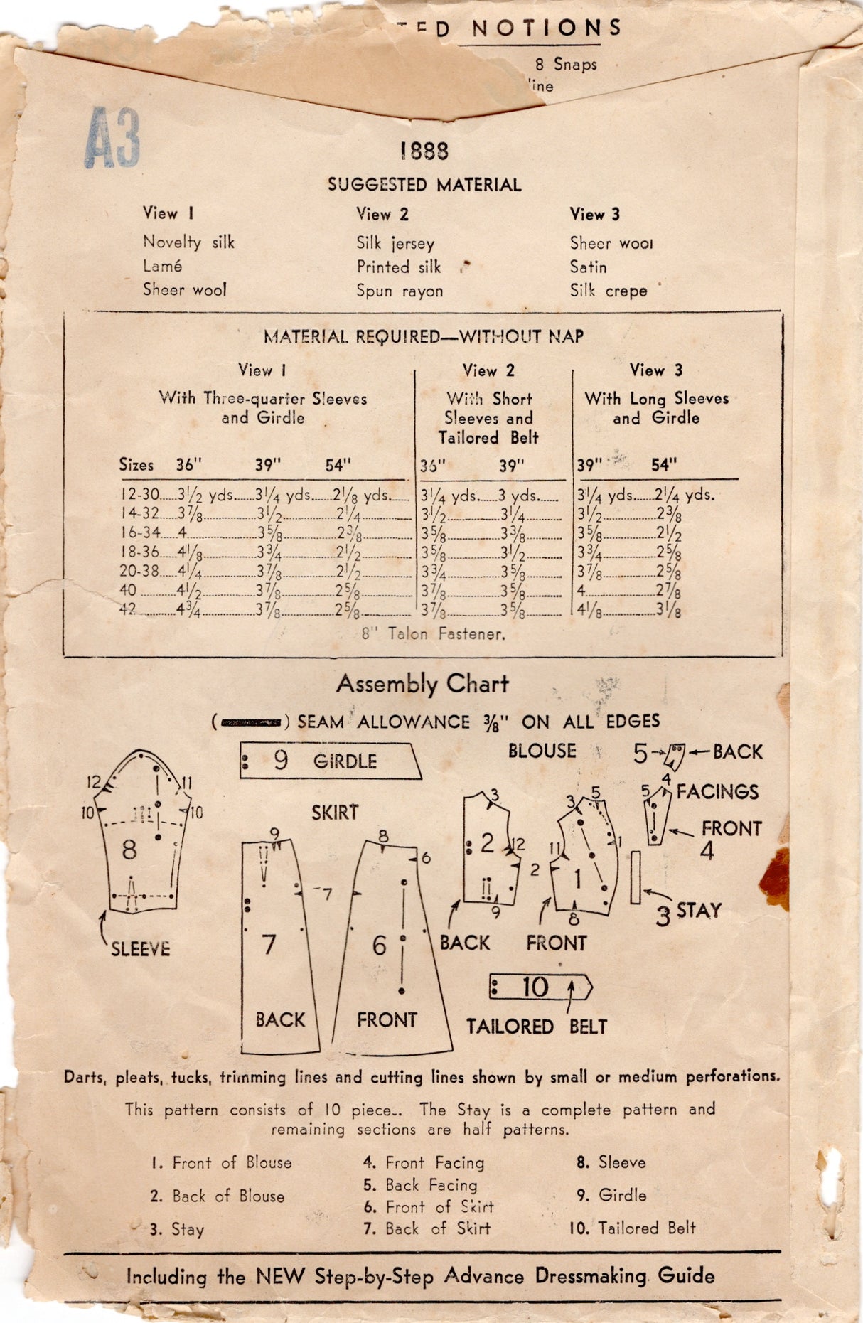 1930's Advance One Piece Dress with Gathered Front Bodice and Puff Sleeve - Bust 32" - No. 1888