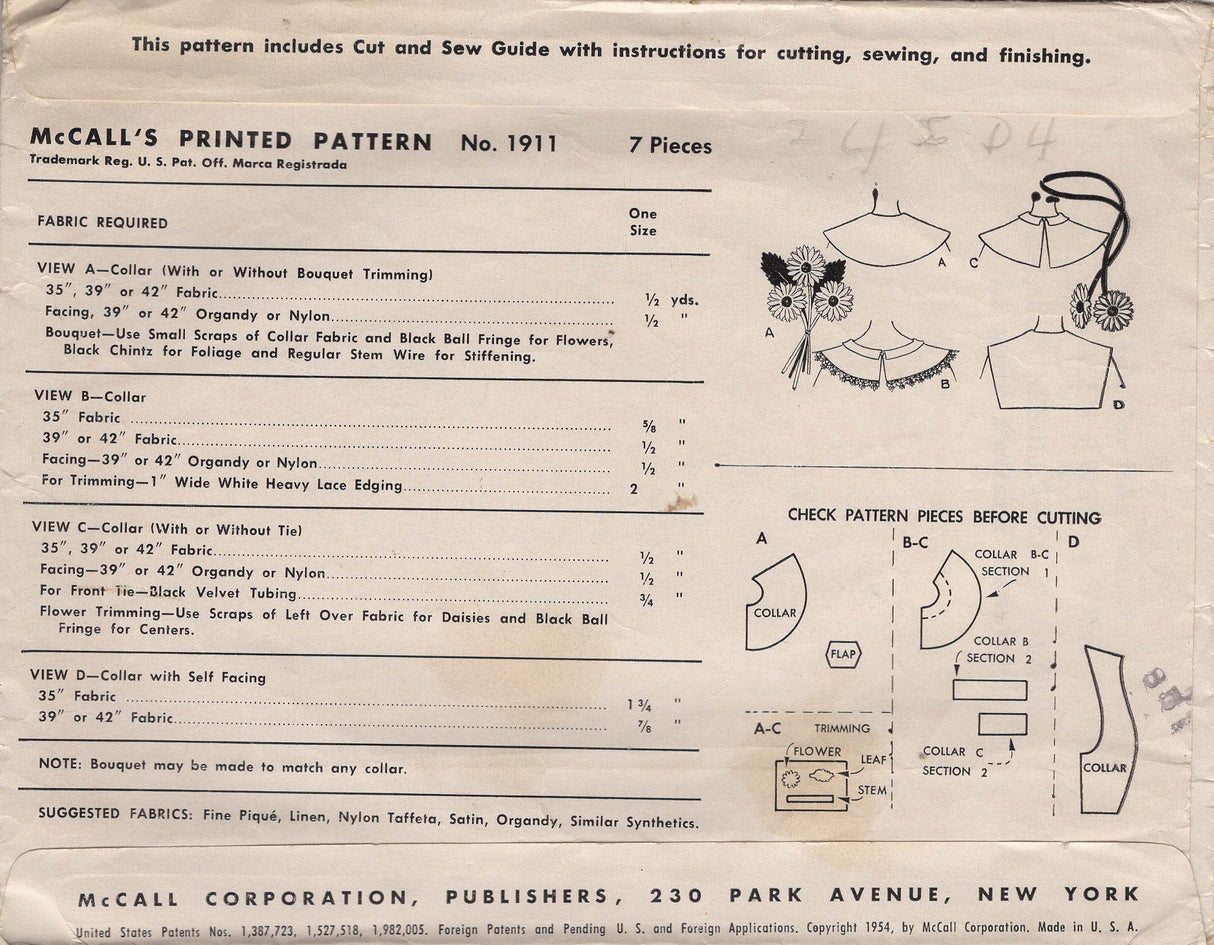1950's McCall's Collar and Matching Bouquet - No. 1911