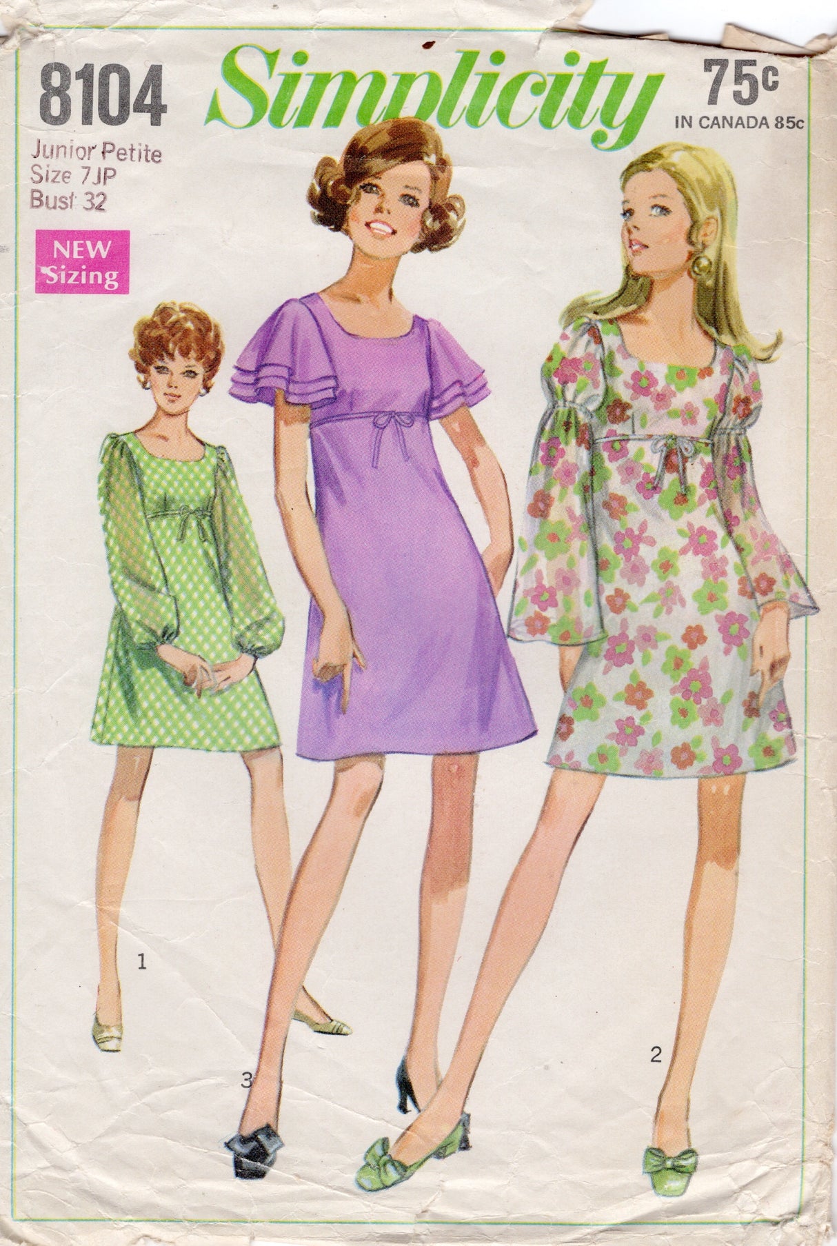 1960's Simplicity Scoop Neckline Empire Waist Dress with 3 Sleeve Styles Pattern - Bust 32" - no. 8104