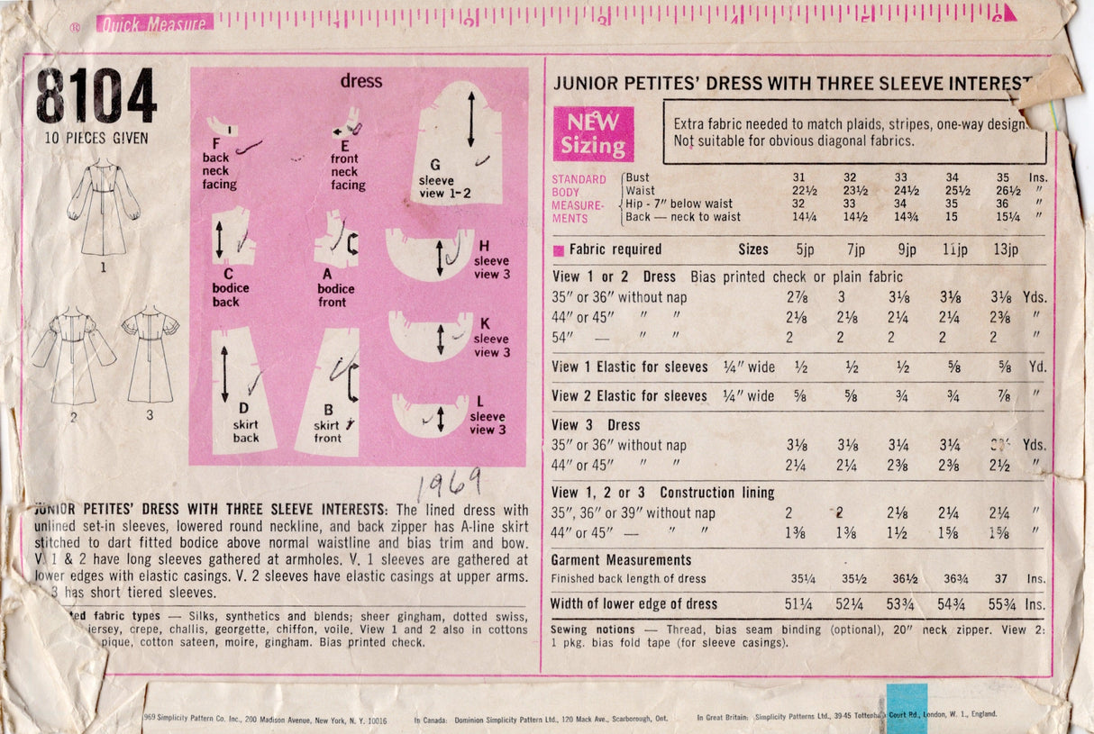 1960's Simplicity Scoop Neckline Empire Waist Dress with 3 Sleeve Styles Pattern - Bust 32" - no. 8104