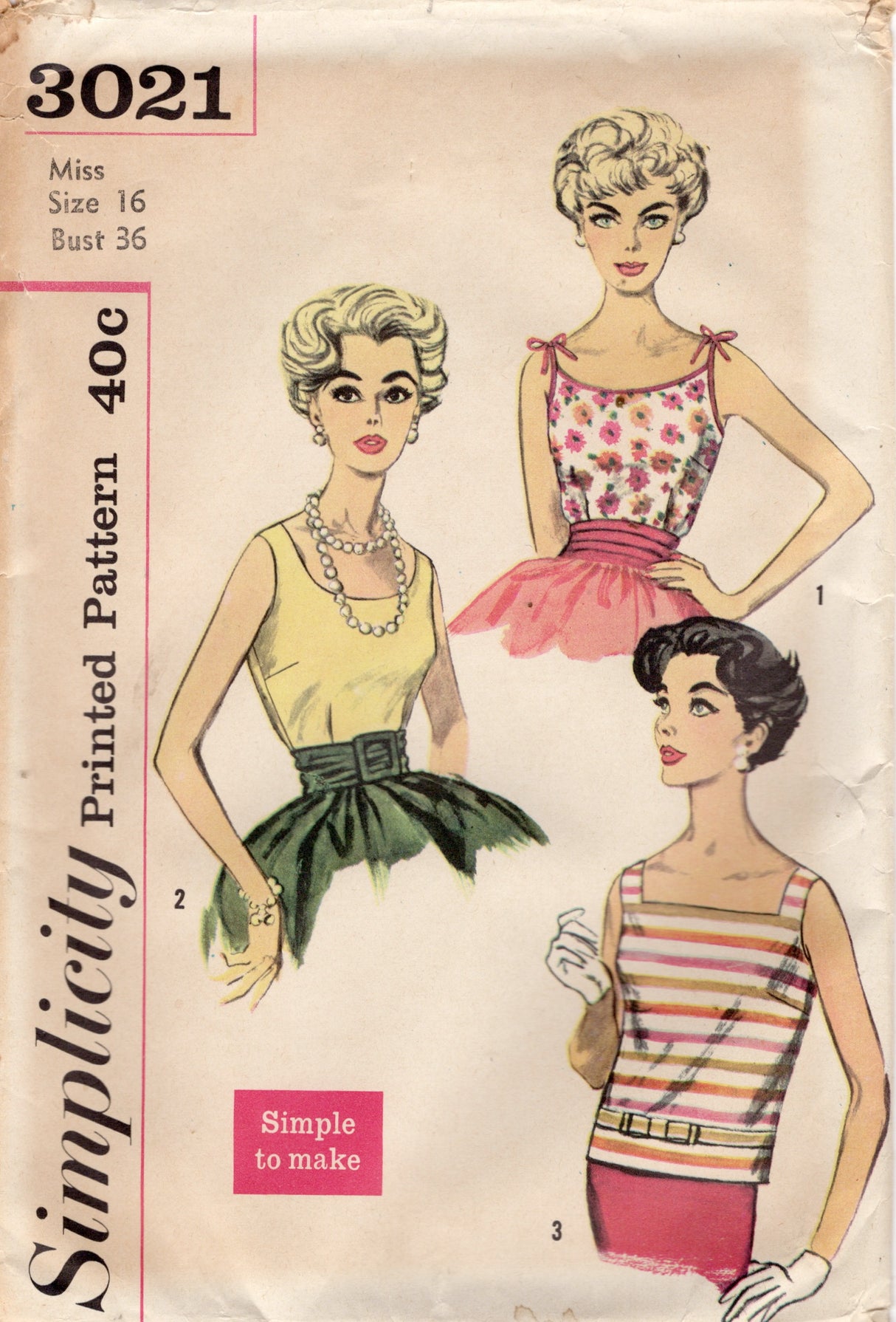 1950's Simplicity Blouse in Three Styles Pattern - Bust 36" - No. 3021