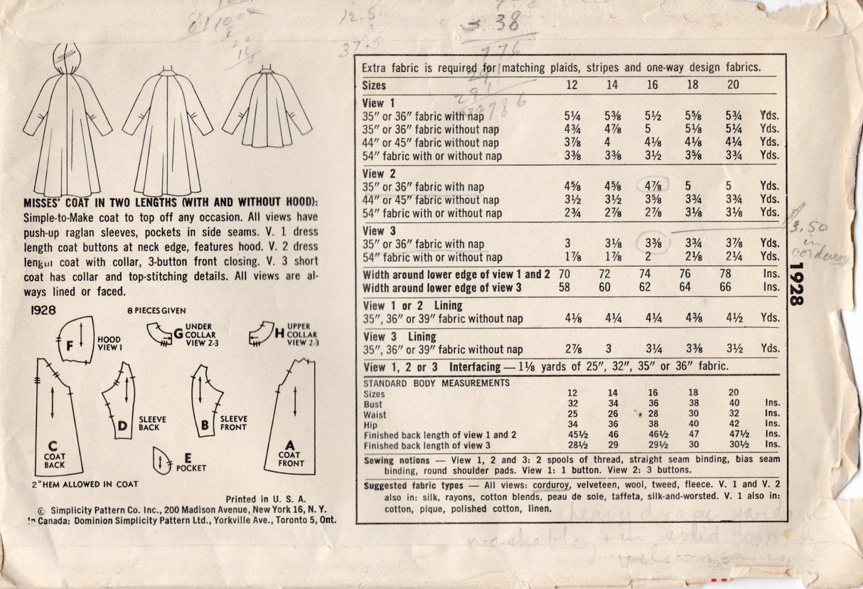 1950's Simplicity Hooded Coat in Two lengths Pattern – Bust 36” - No. 1928