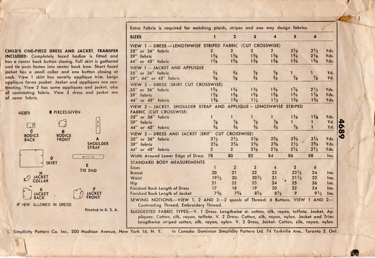 1950's Simplicity Child's Sun Dress and Bolero Pattern with Applique Pockets - Chest 22" - No. 4689