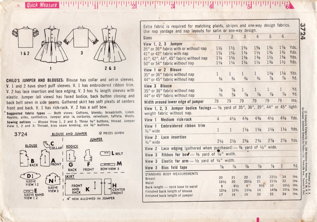 1960's Simplicity Child's Scoop Neck Jumper Dress and Blouse Pattern - Chest 22" - No. 3724