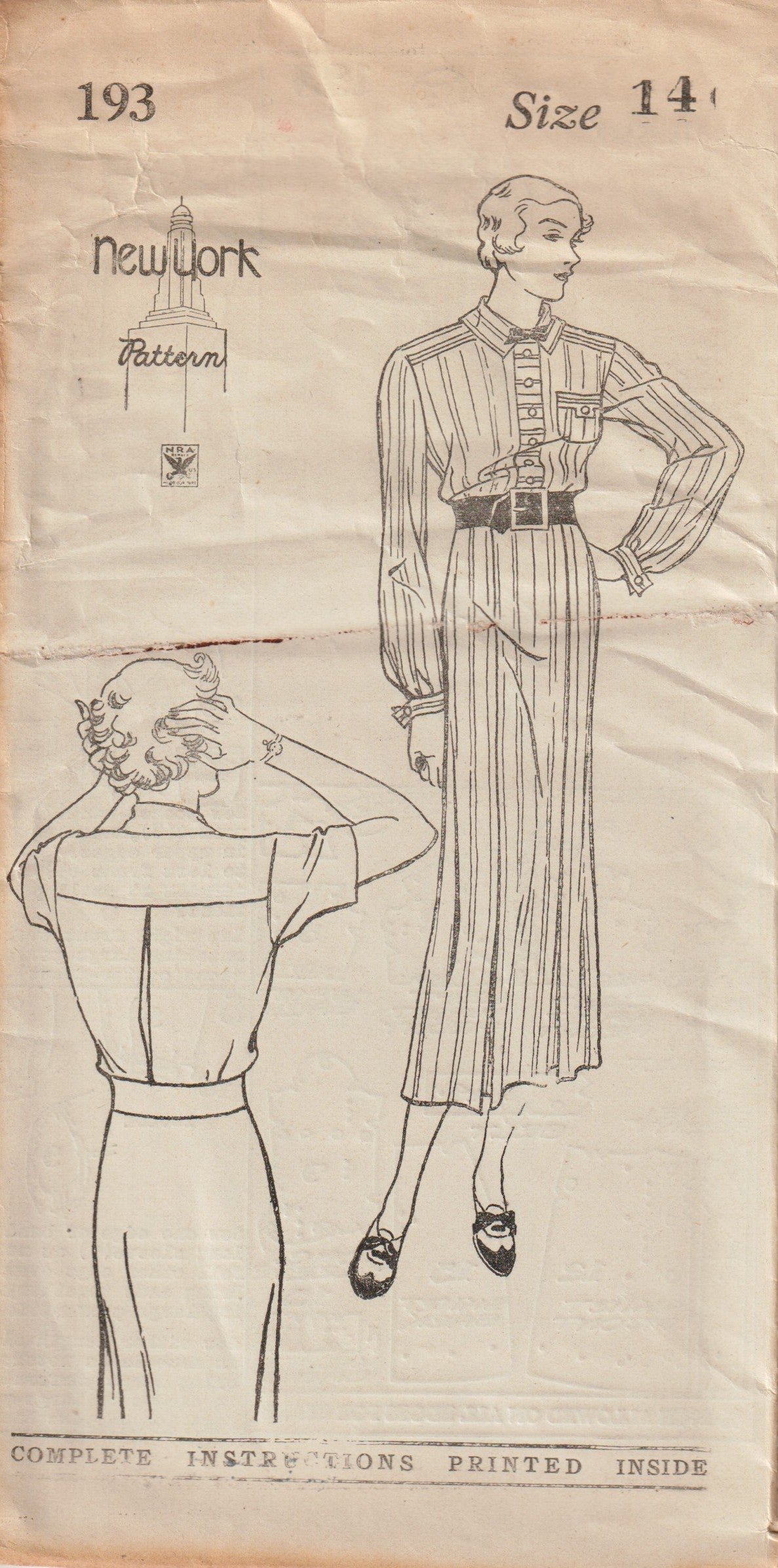 1930's New York Shirt-Waist Dress Pattern - Bust 32" & 38" - No. 193