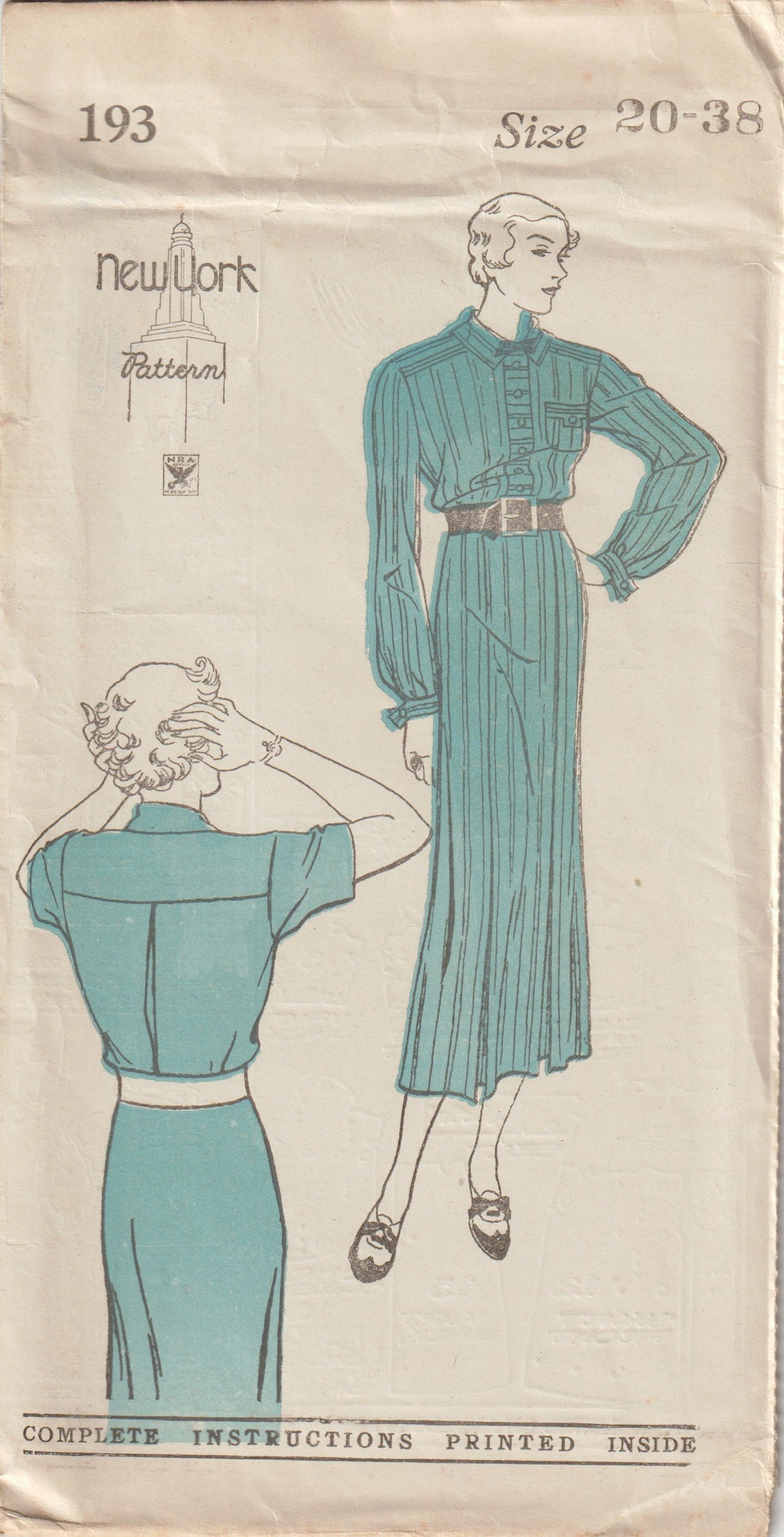 1930's New York Shirt-Waist Dress Pattern - Bust 32" & 38" - No. 193
