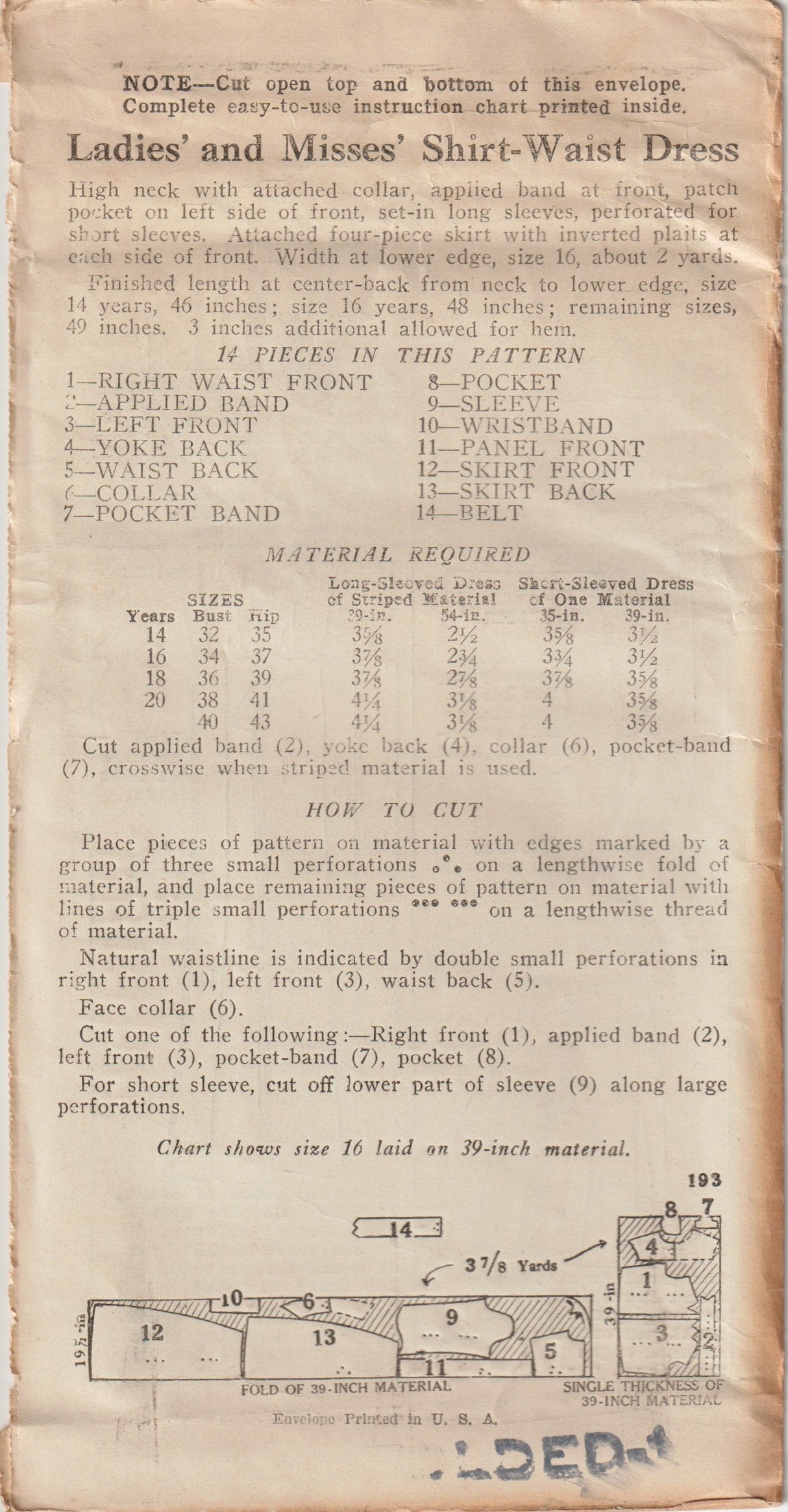 1930's New York Shirt-Waist Dress Pattern - Bust 32" - No. 193