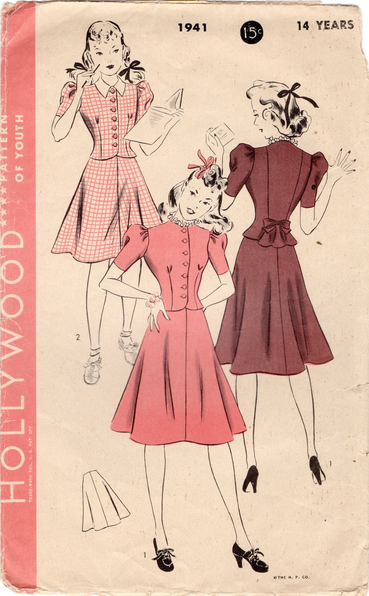 1940's Hollywood Child's Two Piece Dress with Back Bow - Bust 32" - No. 1941