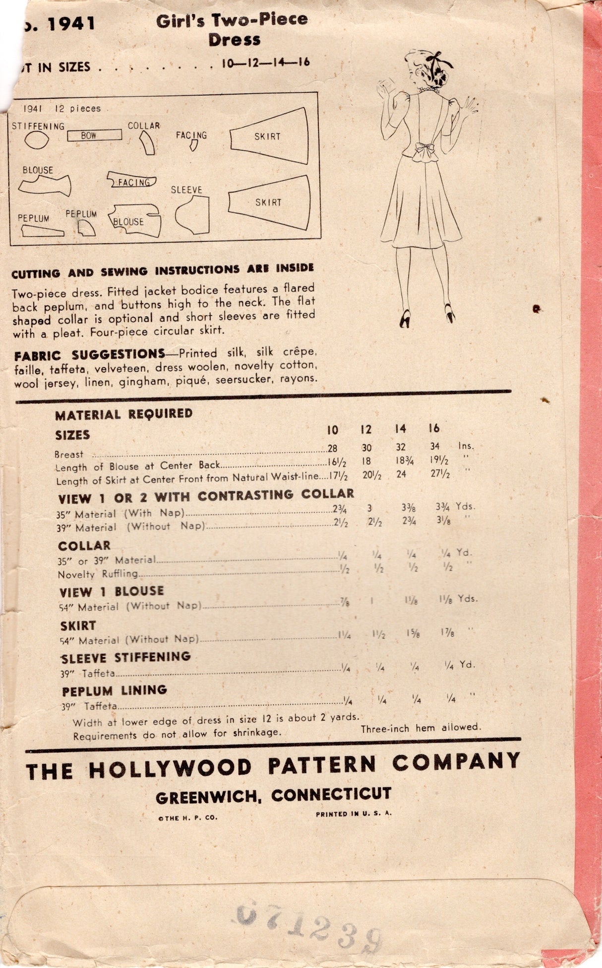 1940's Hollywood Child's Two Piece Dress with Back Bow - Bust 32" - No. 1941