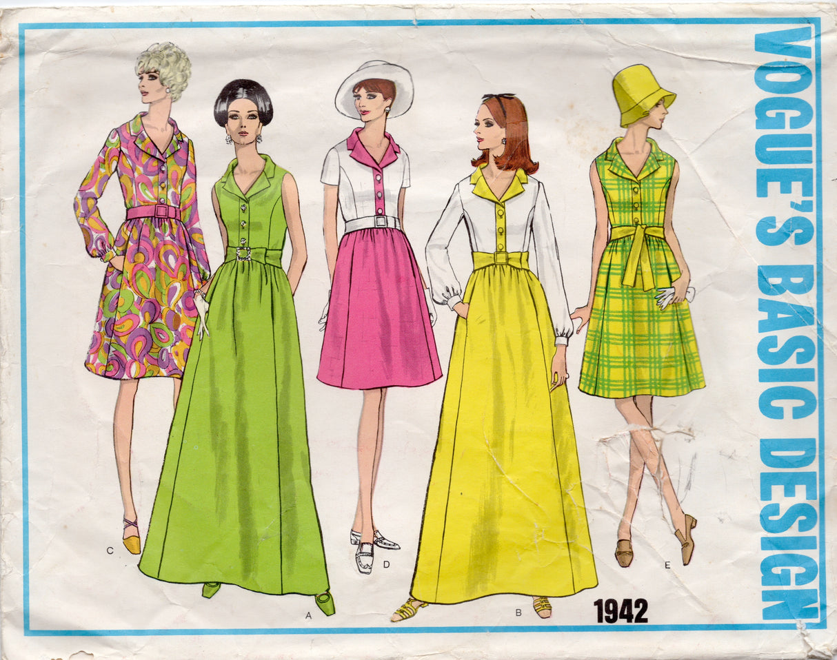 1960's Vogue Basic Princess Seam Shirtwaist Dress Pattern Dress with Midi or Maxi Skirt - Bust 36" - No. 1942