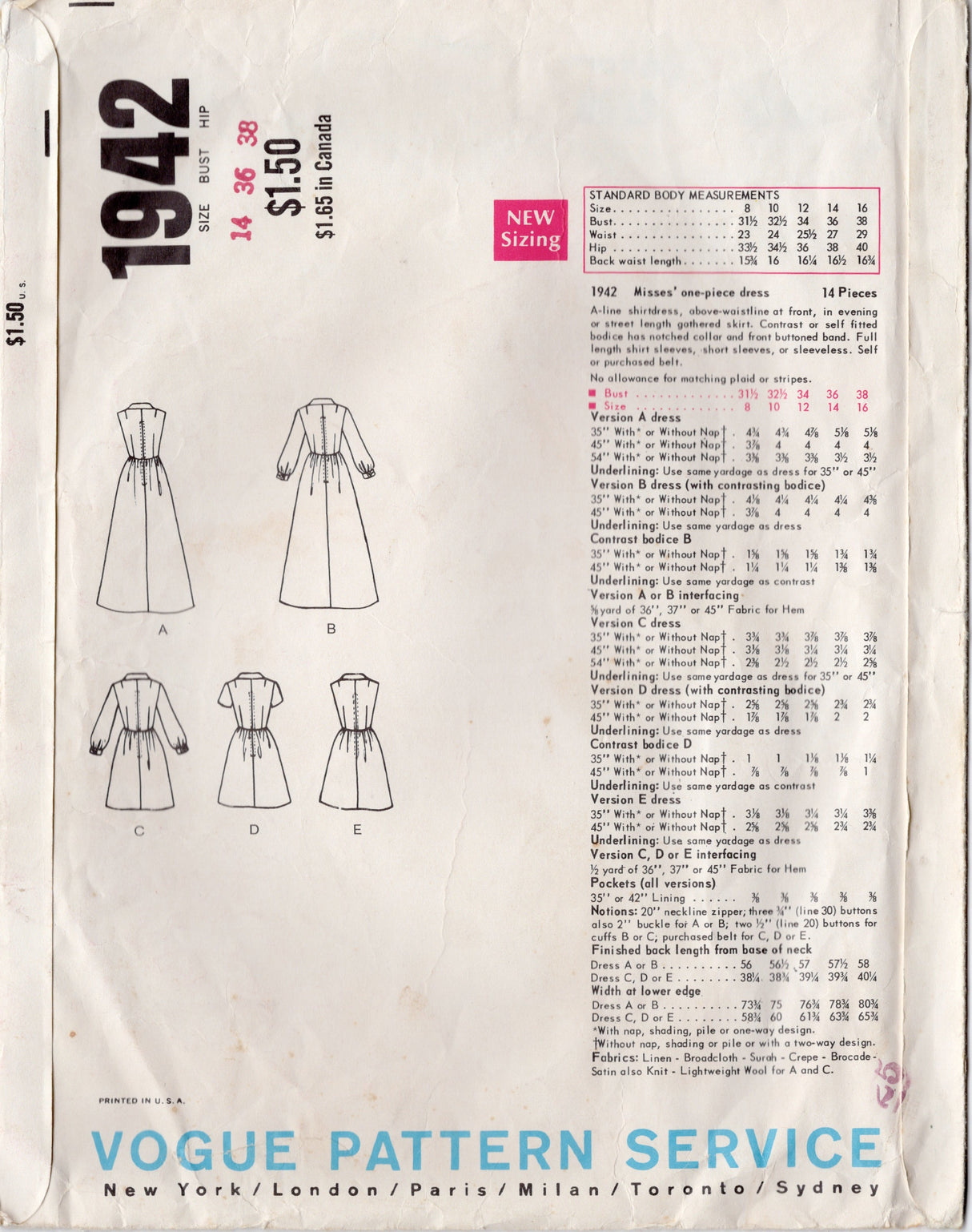 1960's Vogue Basic Princess Seam Shirtwaist Dress Pattern Dress with Midi or Maxi Skirt - Bust 36" - No. 1942