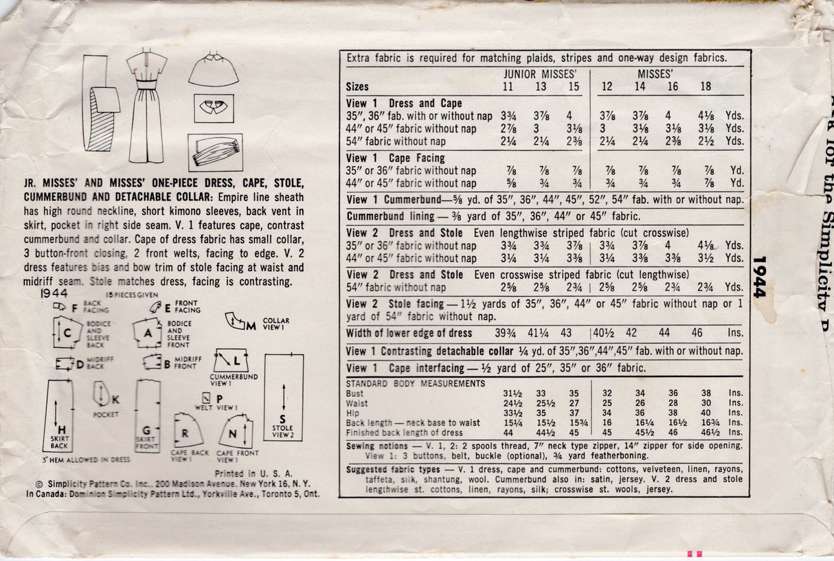 1950's Simplicity One-Piece Sheath Dress, Cape, Stole, Cummerbund and Detachable Collar Pattern - Bust 34" - No. 1944