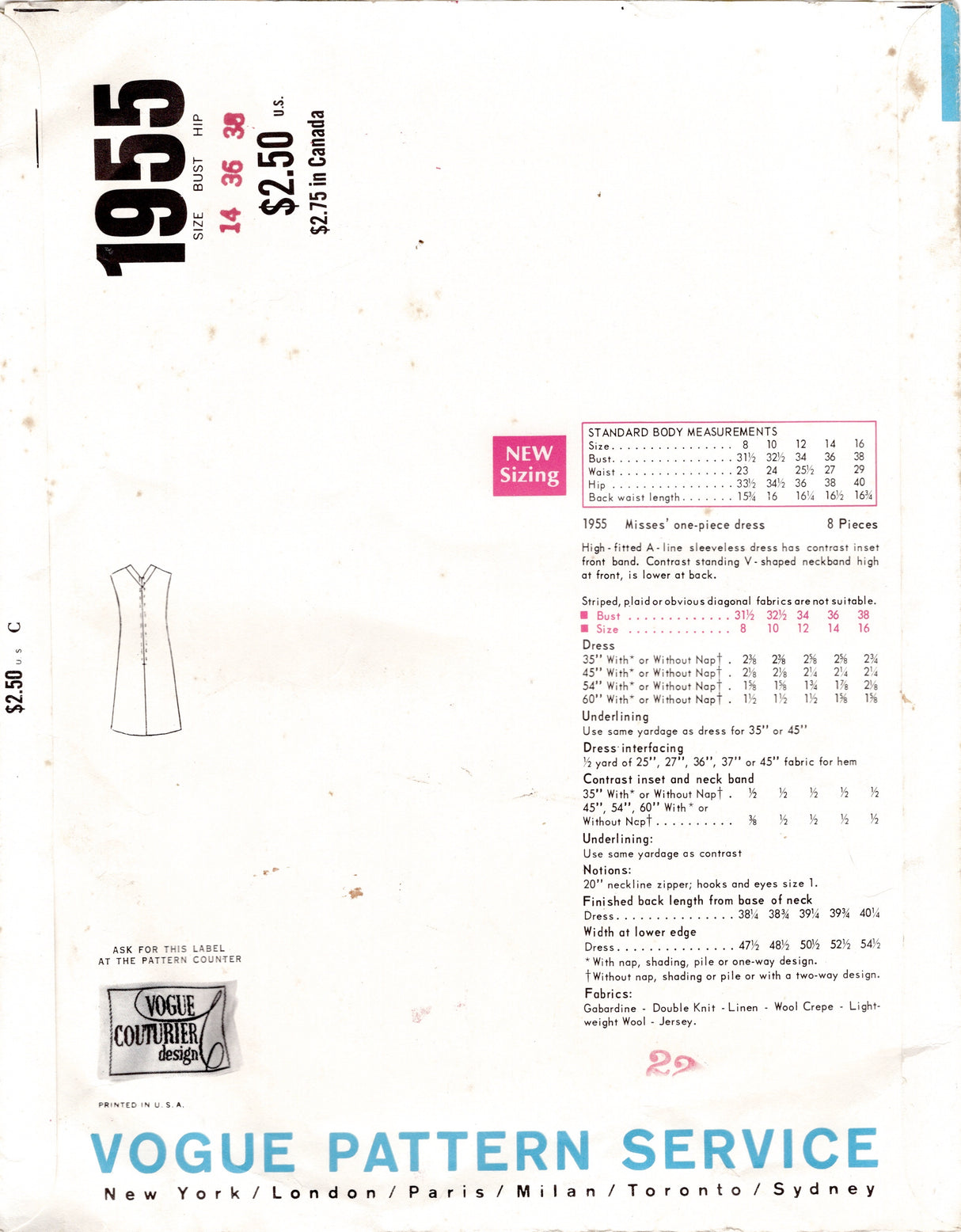 1960's Vogue Couturier Design by PUCCI - Yoked Dress Pattern - Bust 36" - No. 1955