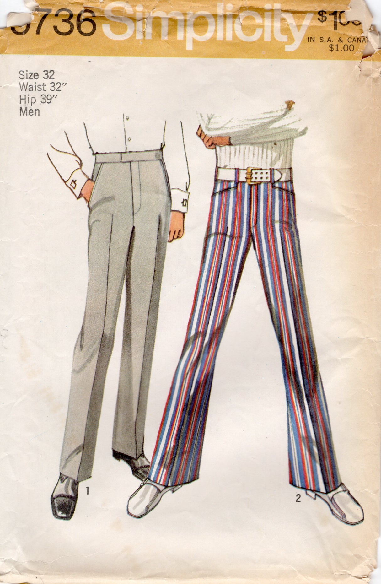 1950's Simplicity Men's Straight Leg or Bell Bottom Pants Pattern - Waist 32" - No. 9736