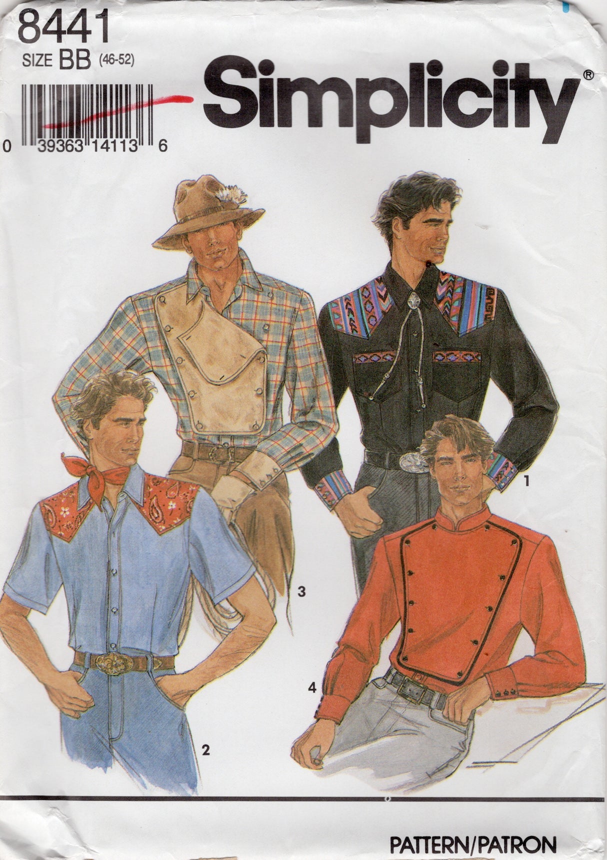 1990's Simplicity Men's Western Button Up Shirt Pattern - Chest 46-52" - No. 8441