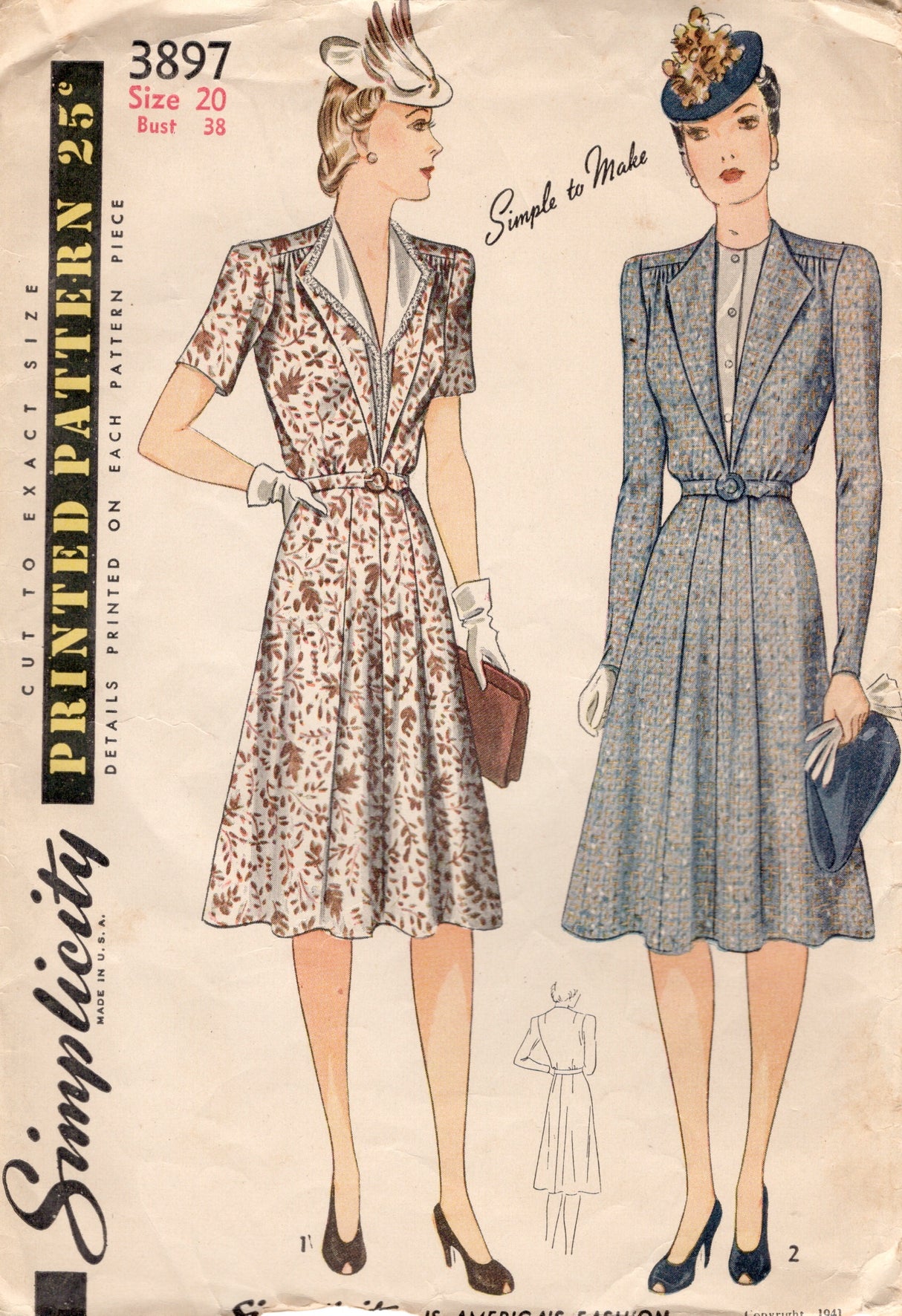 1940's Simplicity One Piece Dress and Vestee Pattern - Bust 38" - No. 3897