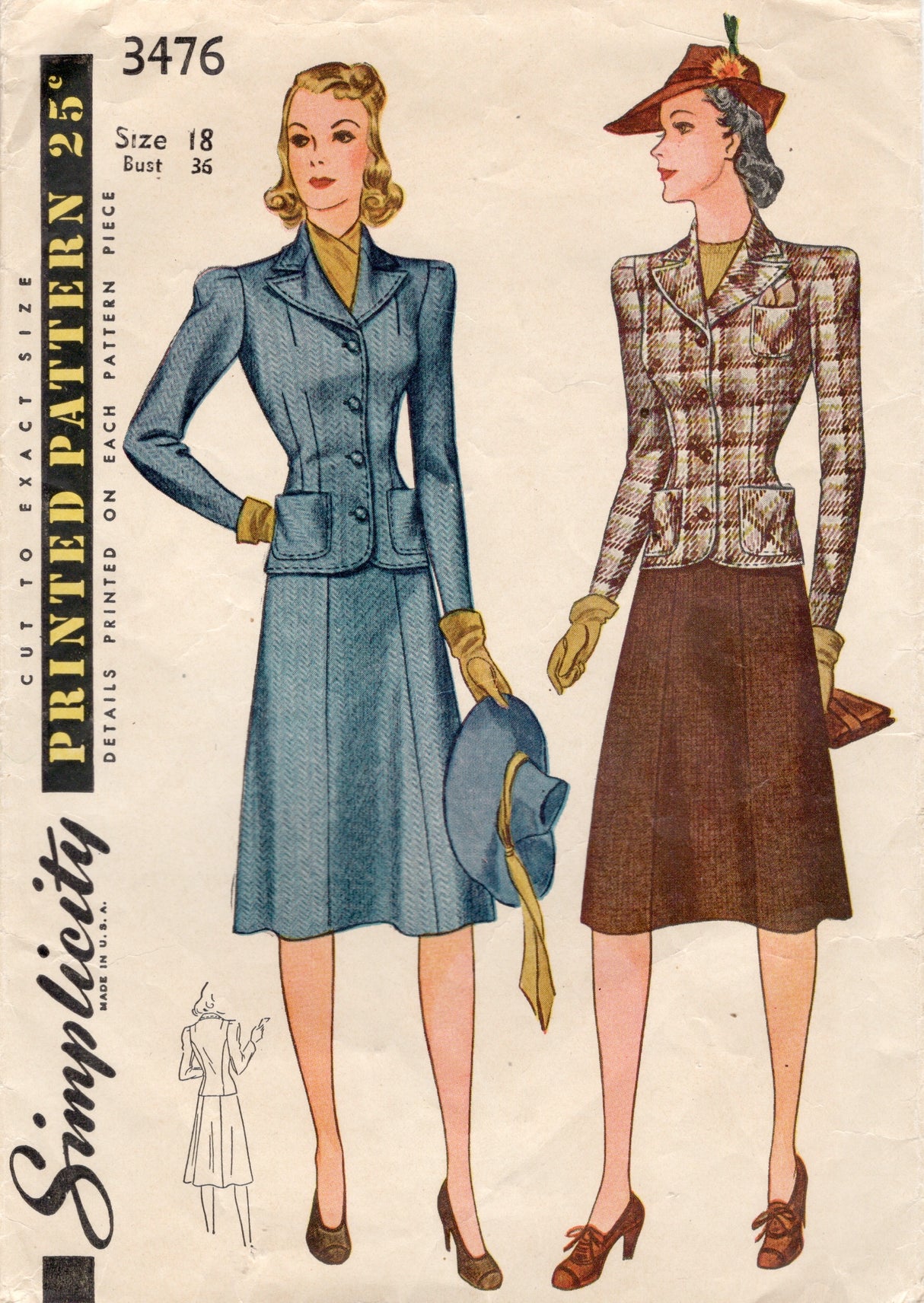 1940's Simplicity Two Piece Suit Dress Pattern - Bust 36" - No. 3476