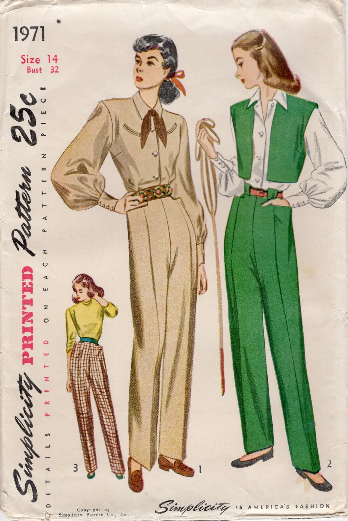 1940's Simplicity Button Up Shirt, Pants and Sleeveless Bolero Jacket Pattern - Bust 32" - No. 1971