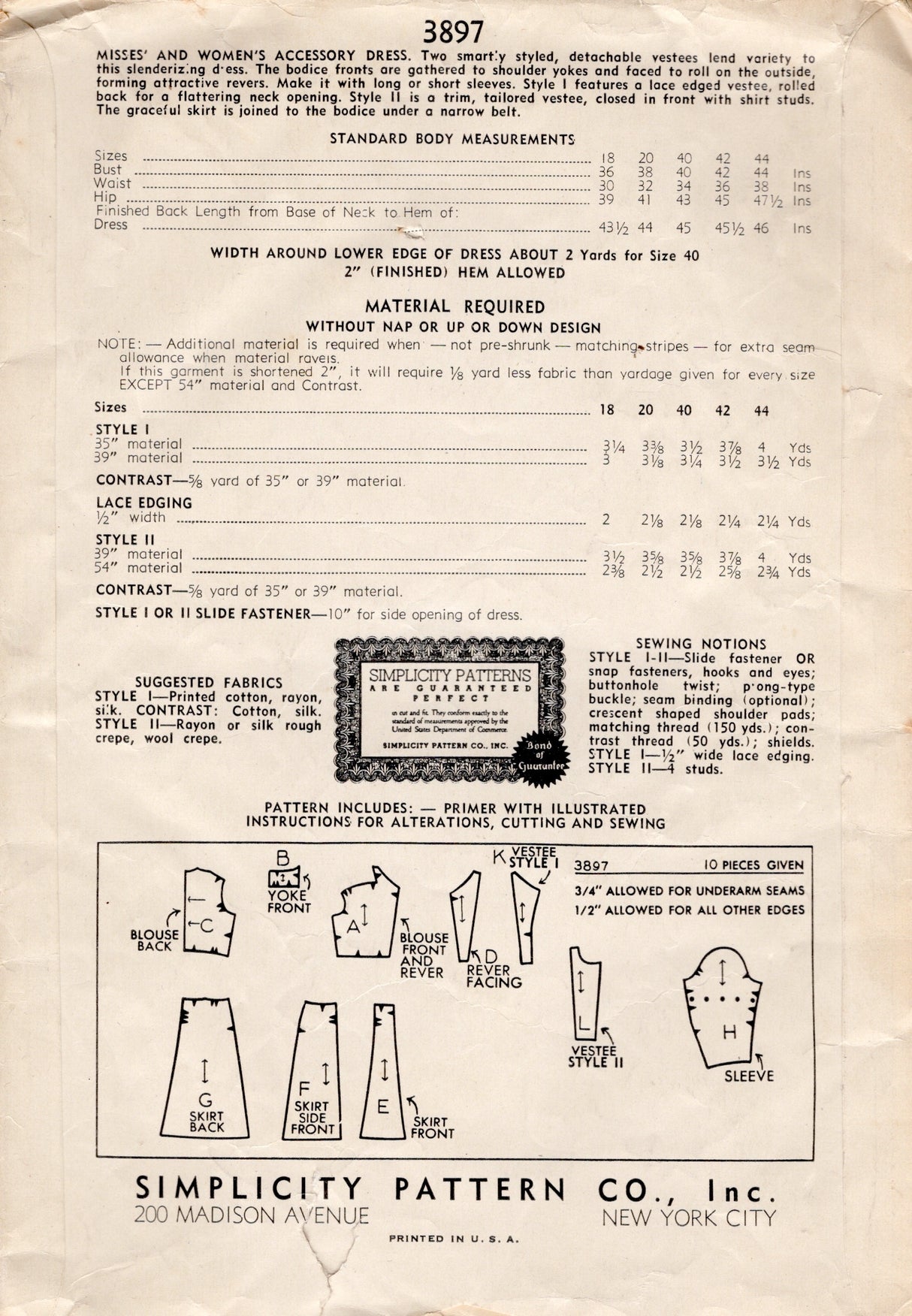 1940's Simplicity One Piece Dress and Vestee Pattern - Bust 38" - No. 3897