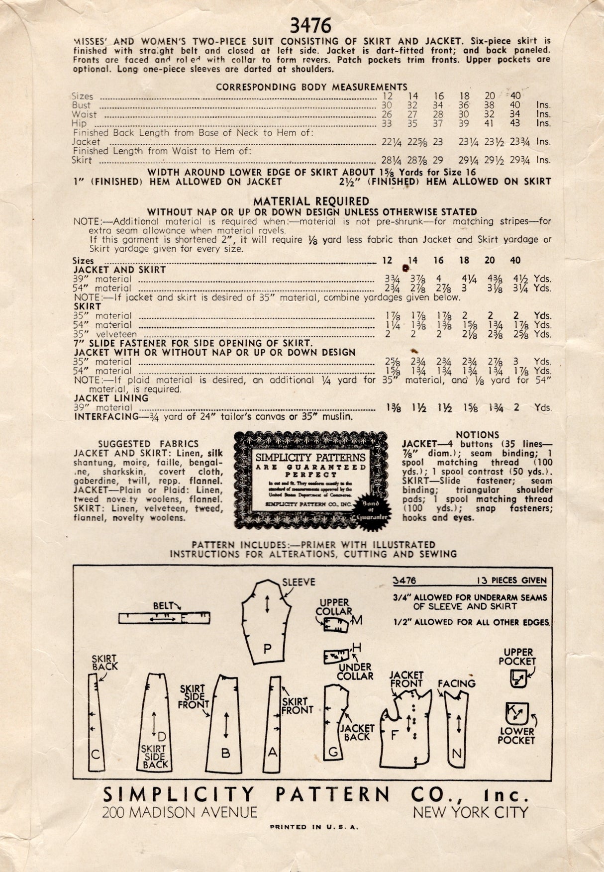 1940's Simplicity Two Piece Suit Dress Pattern - Bust 36" - No. 3476