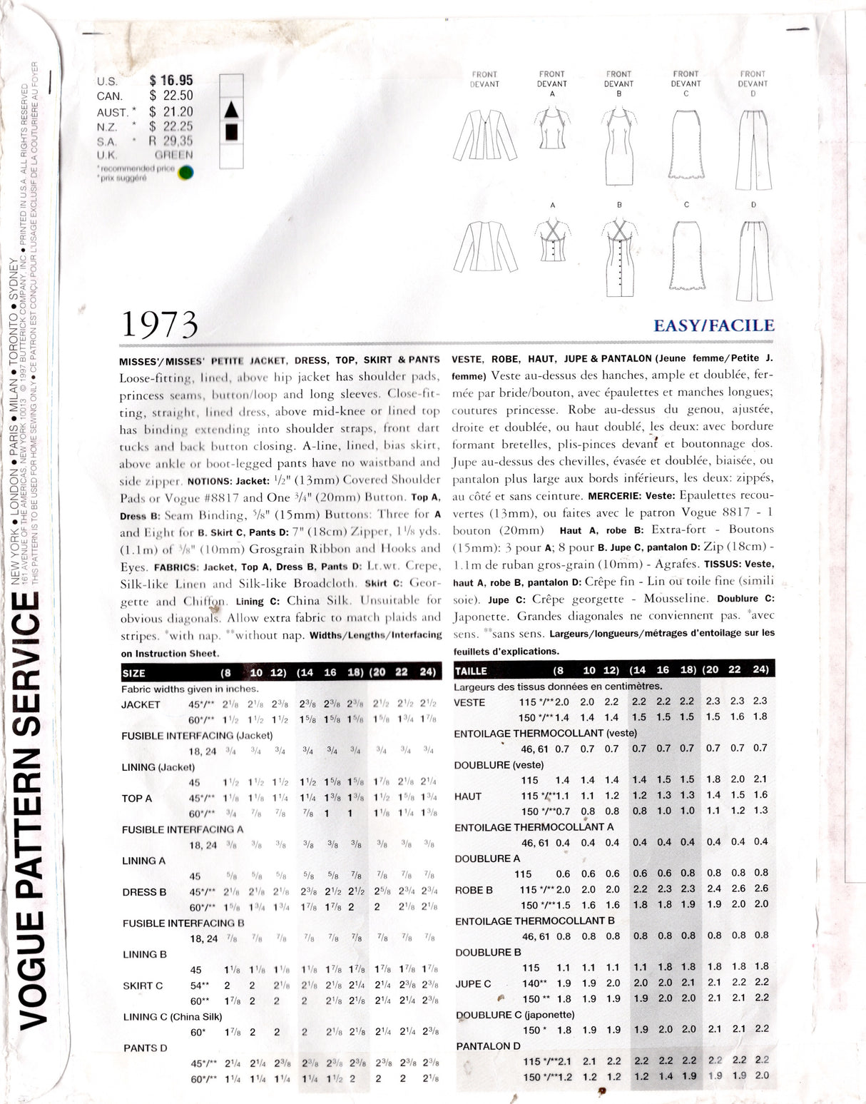 1990's Vogue Thin Strap Dress or Top, Skirt, Pants and Jacket Pattern - Bust 31.5-34" - No. 1973