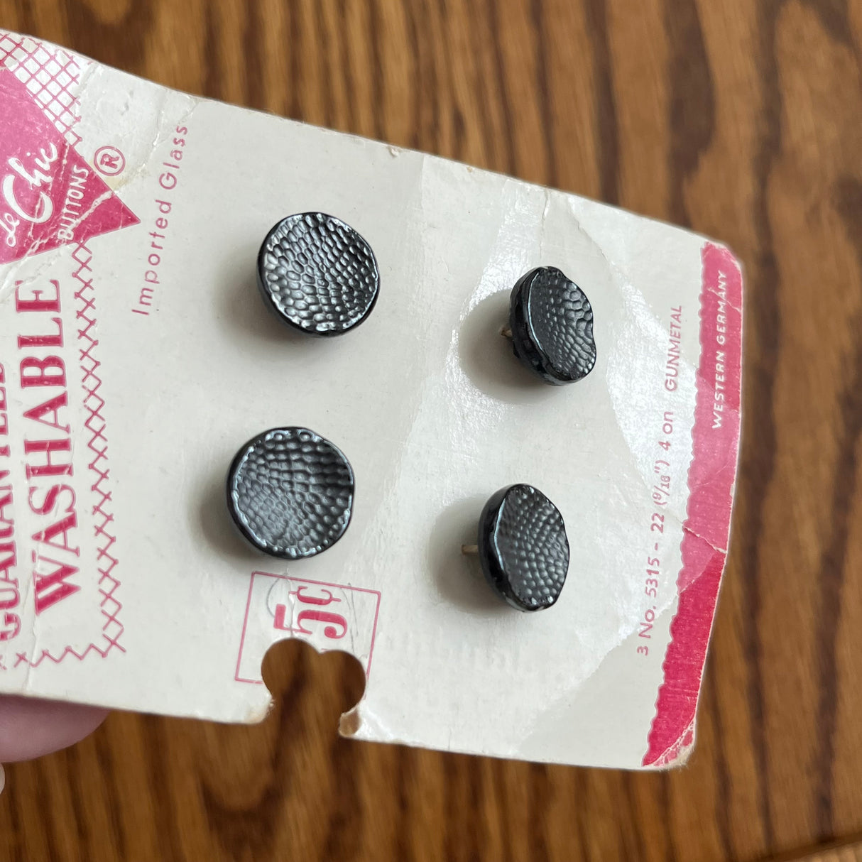 1950’s Le Chic Gunmetal Grey Glass Buttons - Grey - Set of 4 - Size 22 - 9/16" - on card