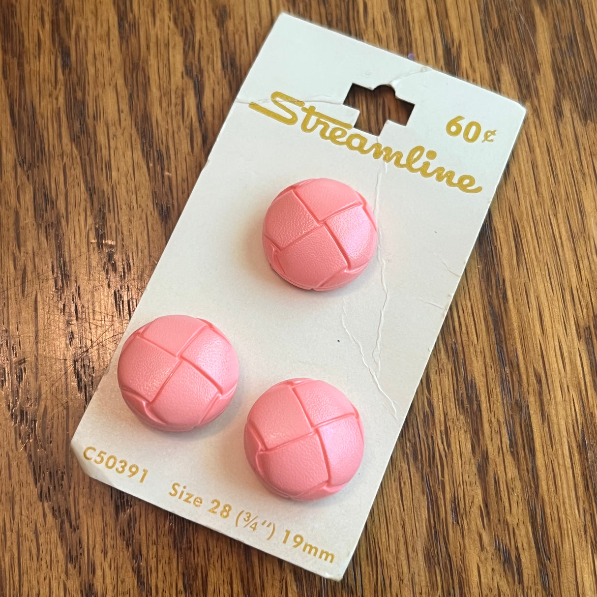 1970’s Streamline Plastic Buttons - Pink - Set of 3 - 3/4” - on card