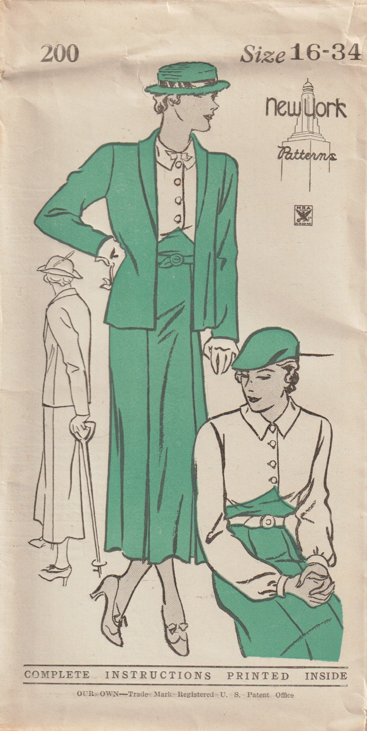 1930's New York (Our Own) Raised Waist Shirtwaist Dress and Jacket Pattern - Bust 34" & 36" - No. 200