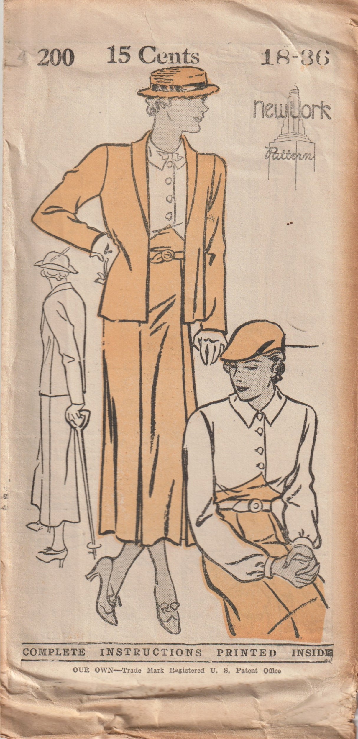 1930's New York (Our Own) Raised Waist Shirtwaist Dress and Jacket Pattern - Bust 34" & 36" - No. 200