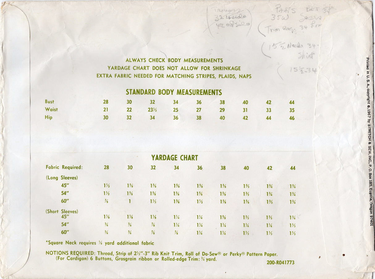 1960's Stretch & Sew Raglan Sleeve Top or Cardigan Pattern – Bust 28-44" - No. 200