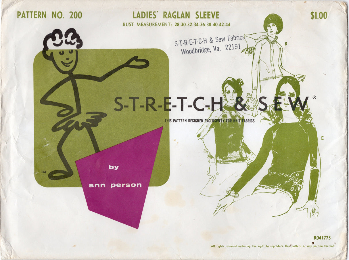 1960's Stretch & Sew Raglan Sleeve Top or Cardigan Pattern – Bust 28-44" - No. 200