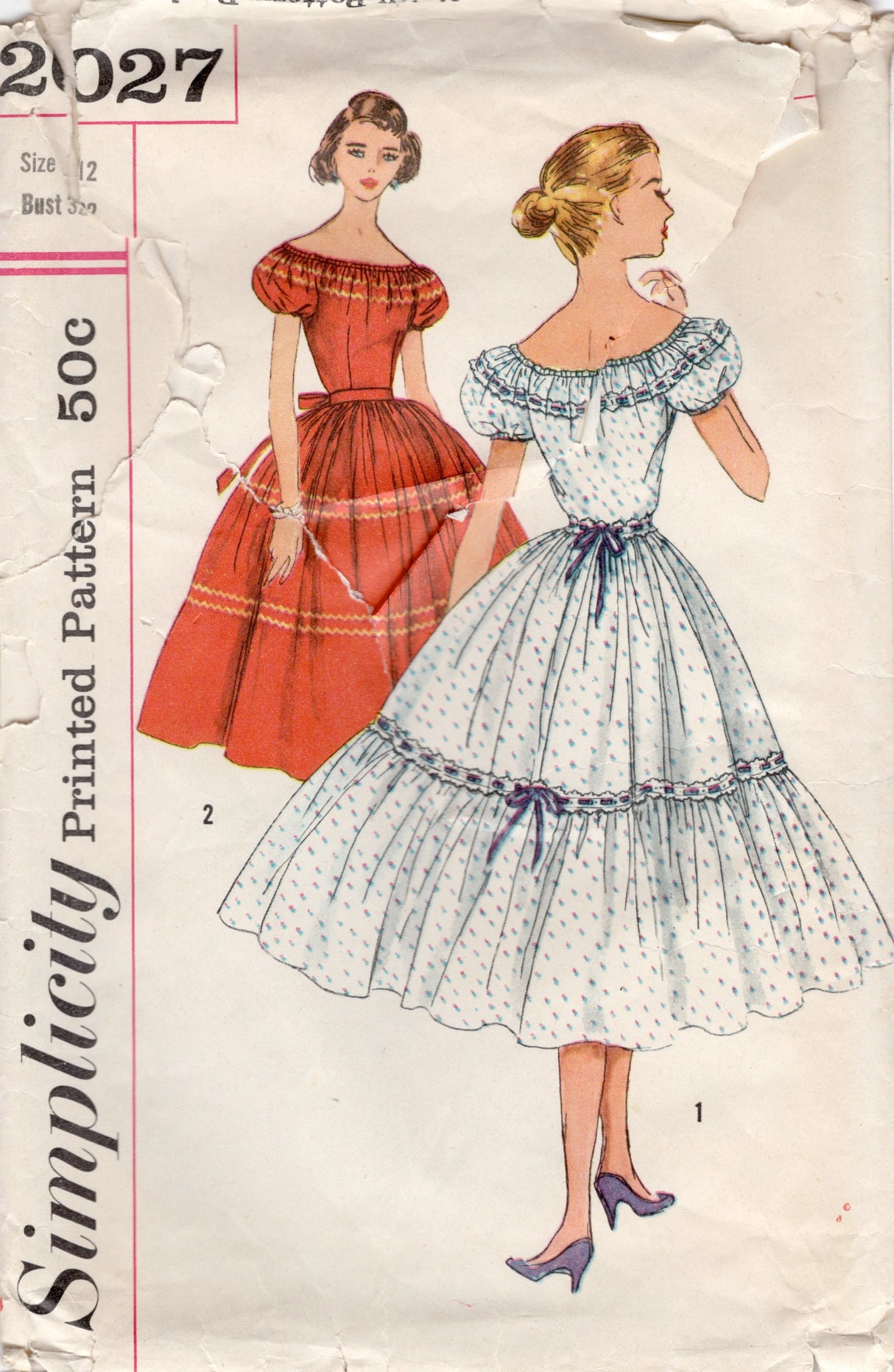 1950's Simplicity One Piece Dress with Puff Sleeves - Bust 32" - No. 2027
