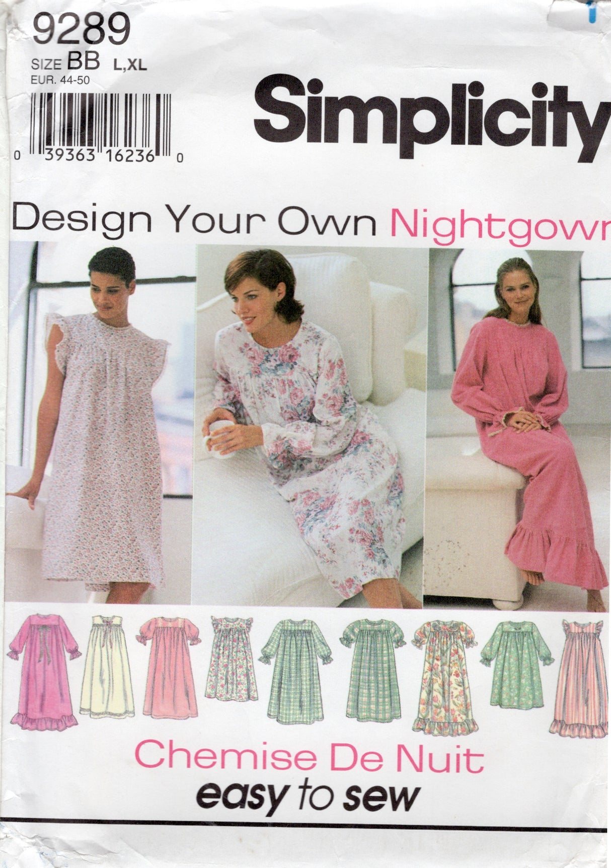 1990's Simplicity Nightgown Pattern in 4 Styles - Bust 40-46" - No. 9289