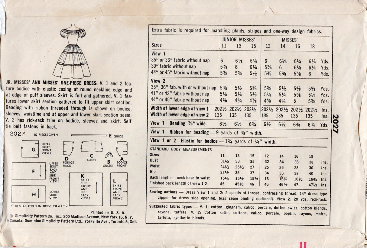 1950's Simplicity One Piece Dress with Puff Sleeves - Bust 32" - No. 2027