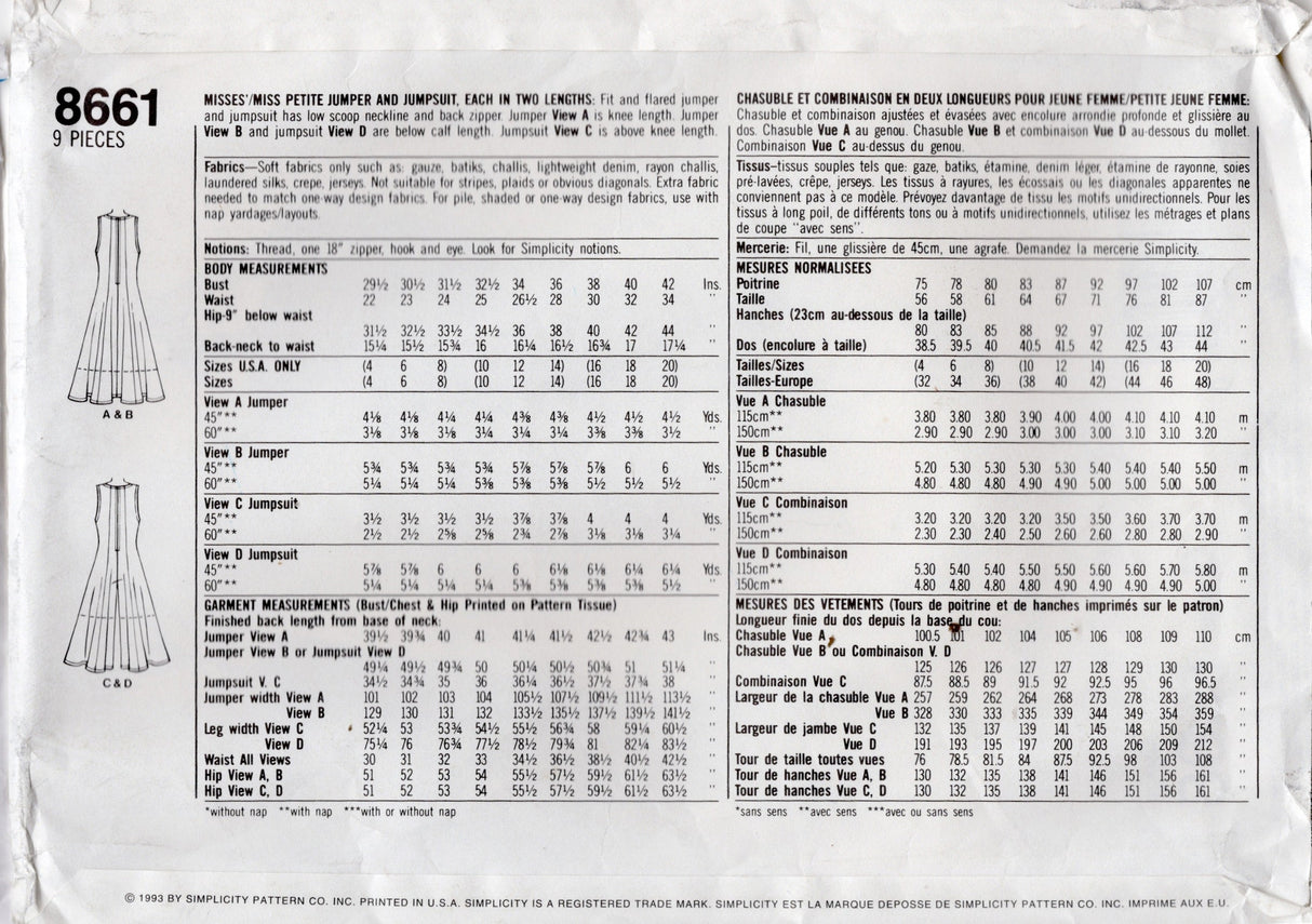 1990's Simplicity Scoop Neck Princess Line Dress or Jumpsuit Pattern - Bust 29.5-31.5" - No. 8661