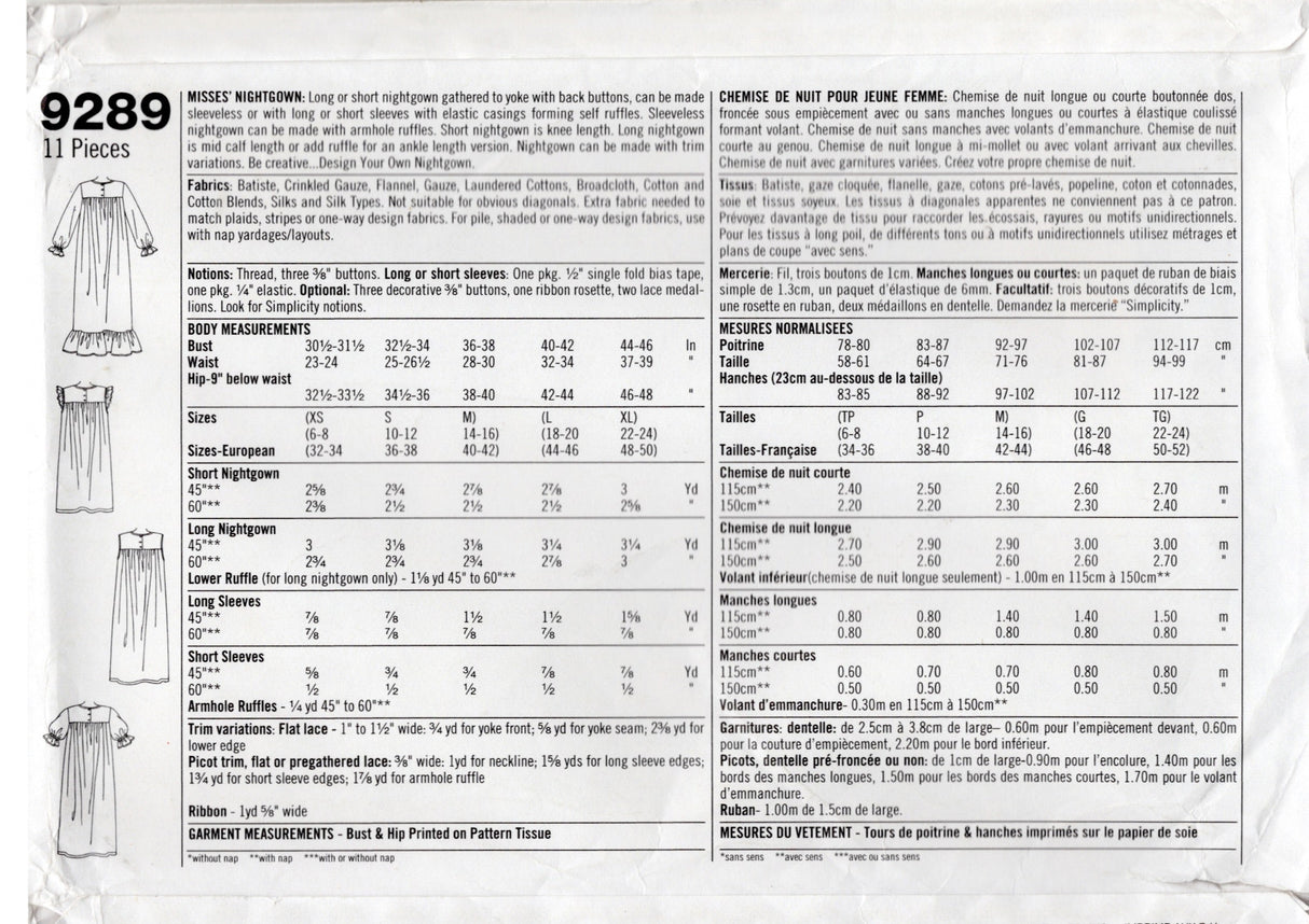 1990's Simplicity Nightgown Pattern in 4 Styles - Bust 40-46" - No. 9289