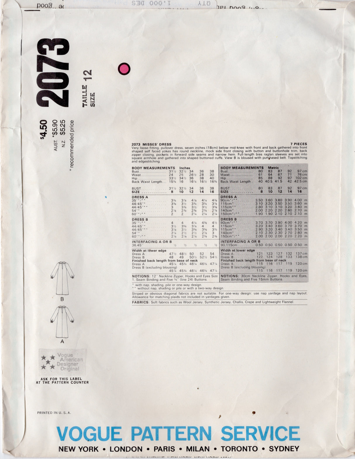 1970's Vogue American Designer Loose Pullover Dress pattern - Jerry Silverman - Bust 34" - No. 2073