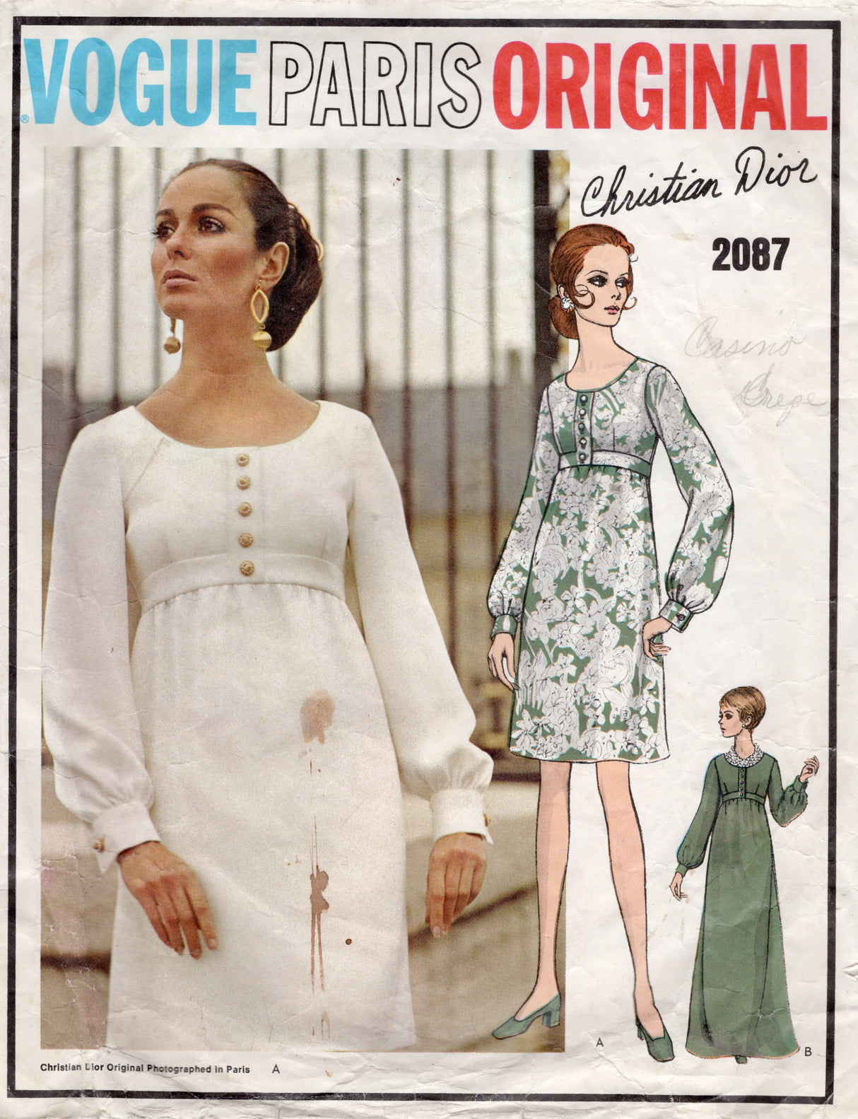 1960's Vogue Paris Original One Piece Empire Waist Dress Pattern with Long Sleeves - Christian Dior - Bust 34" - No. 2087
