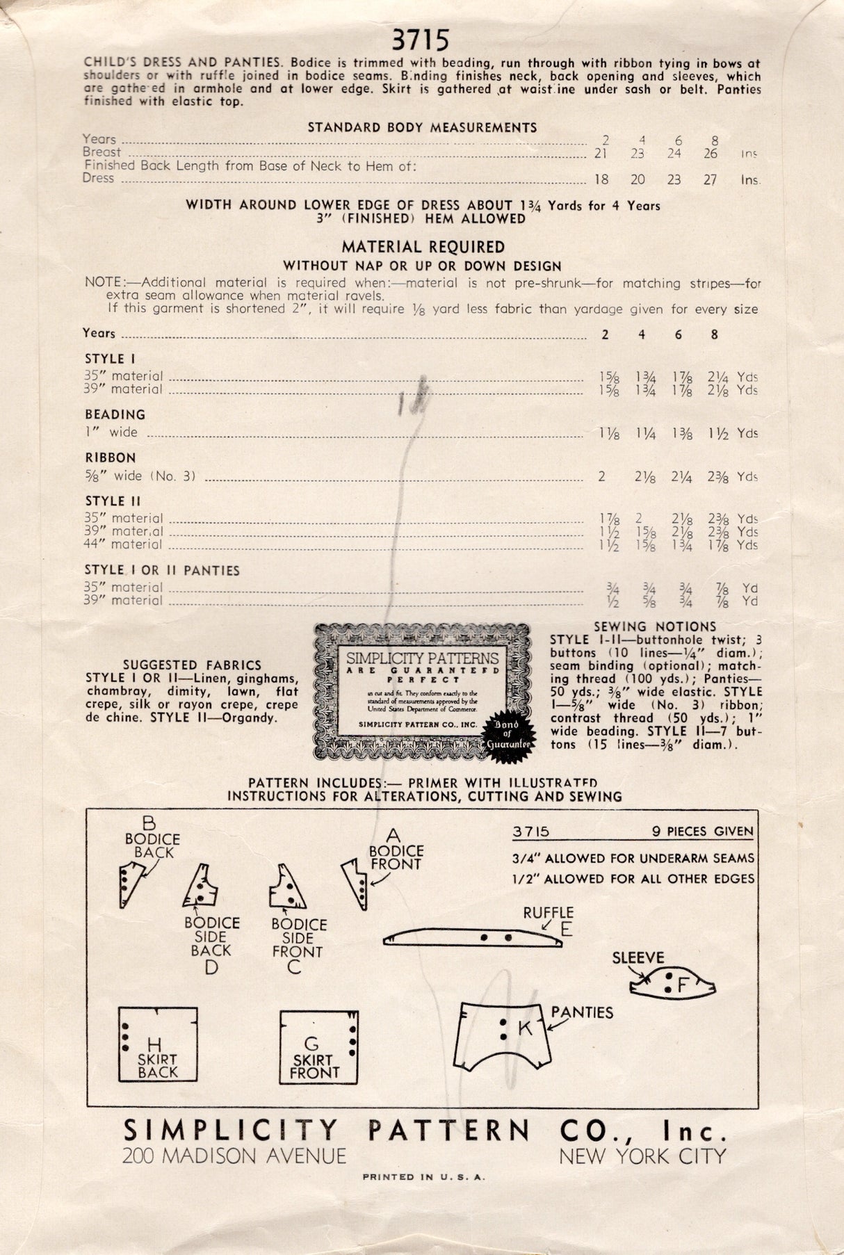 1940's Simplicity Child's Triangular Yoke Dress Pattern with Puff Sleeves - Chest 24" - No. 3715