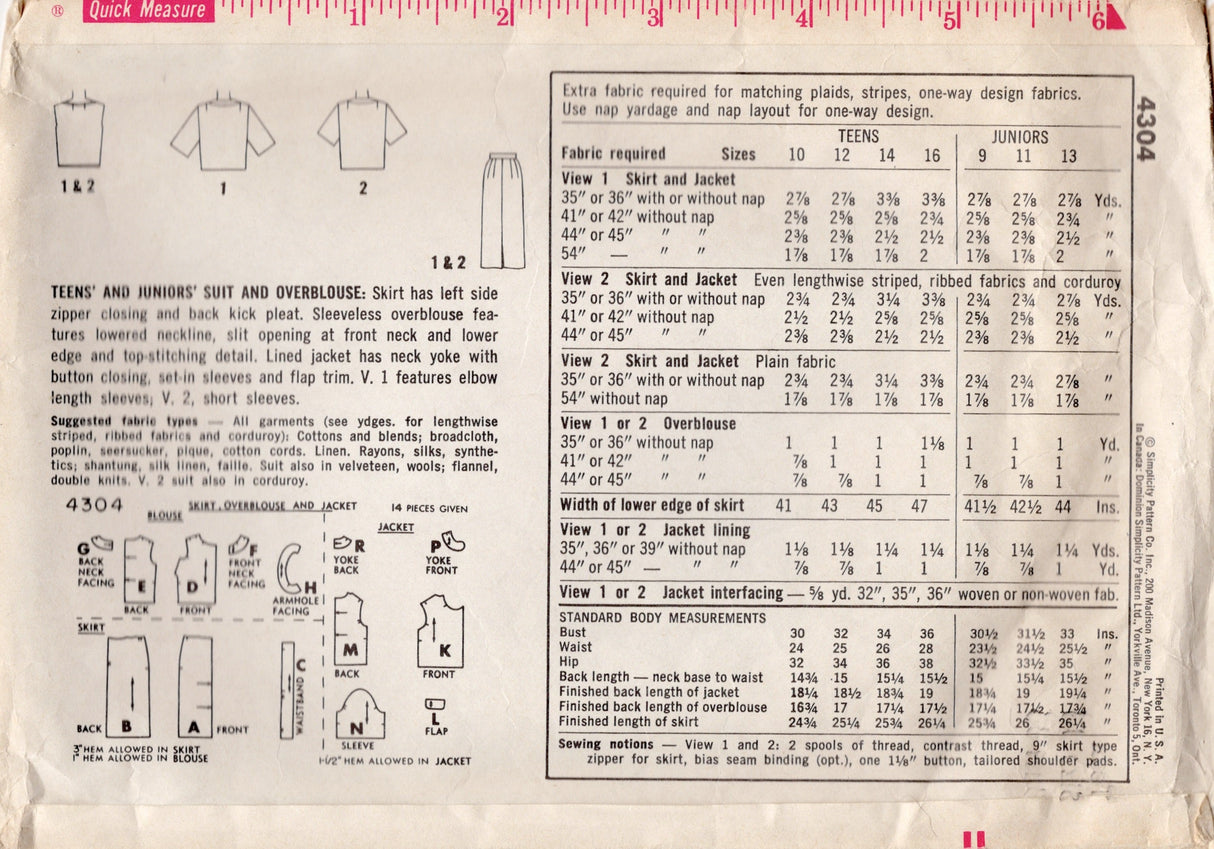 1960's Simplicity Suit and Overblouse Pattern - Bust 36" - No. 4304