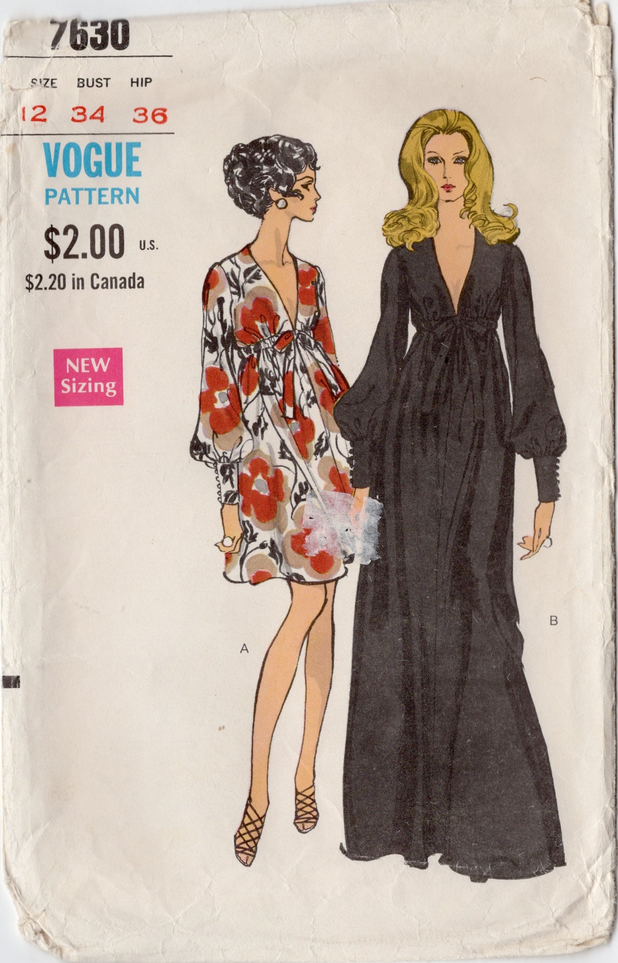 1960's Vogue Deep V-Neck Gown Pattern in Two Lengths - Bust 34" - No. 7630