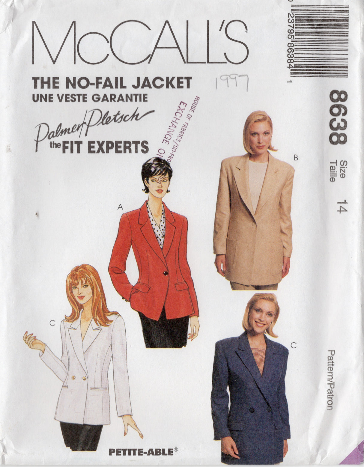 1990's McCall’s Semi-Fitted Jacket Pattern - Palmer/Pletsch - Bust 36" - No. 8638
