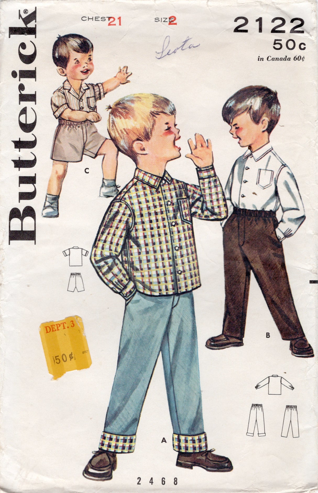 1960's Butterick Child's Sports Shirt and Pants or Shorts pattern - Chest 21" - No. 2122