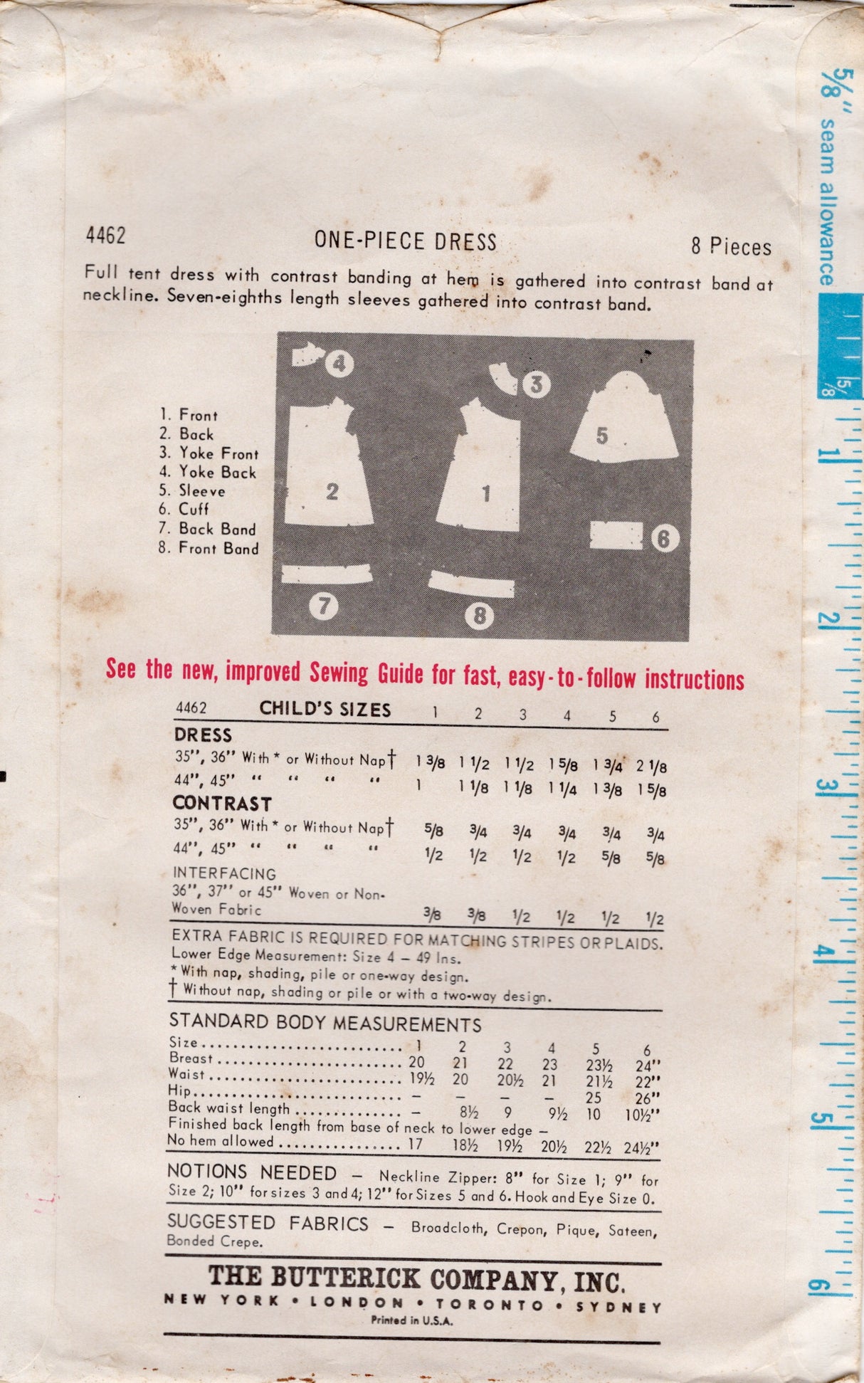 1960's Butterick Child’s Tent Dress Pattern - Chest 24" - No. 4462