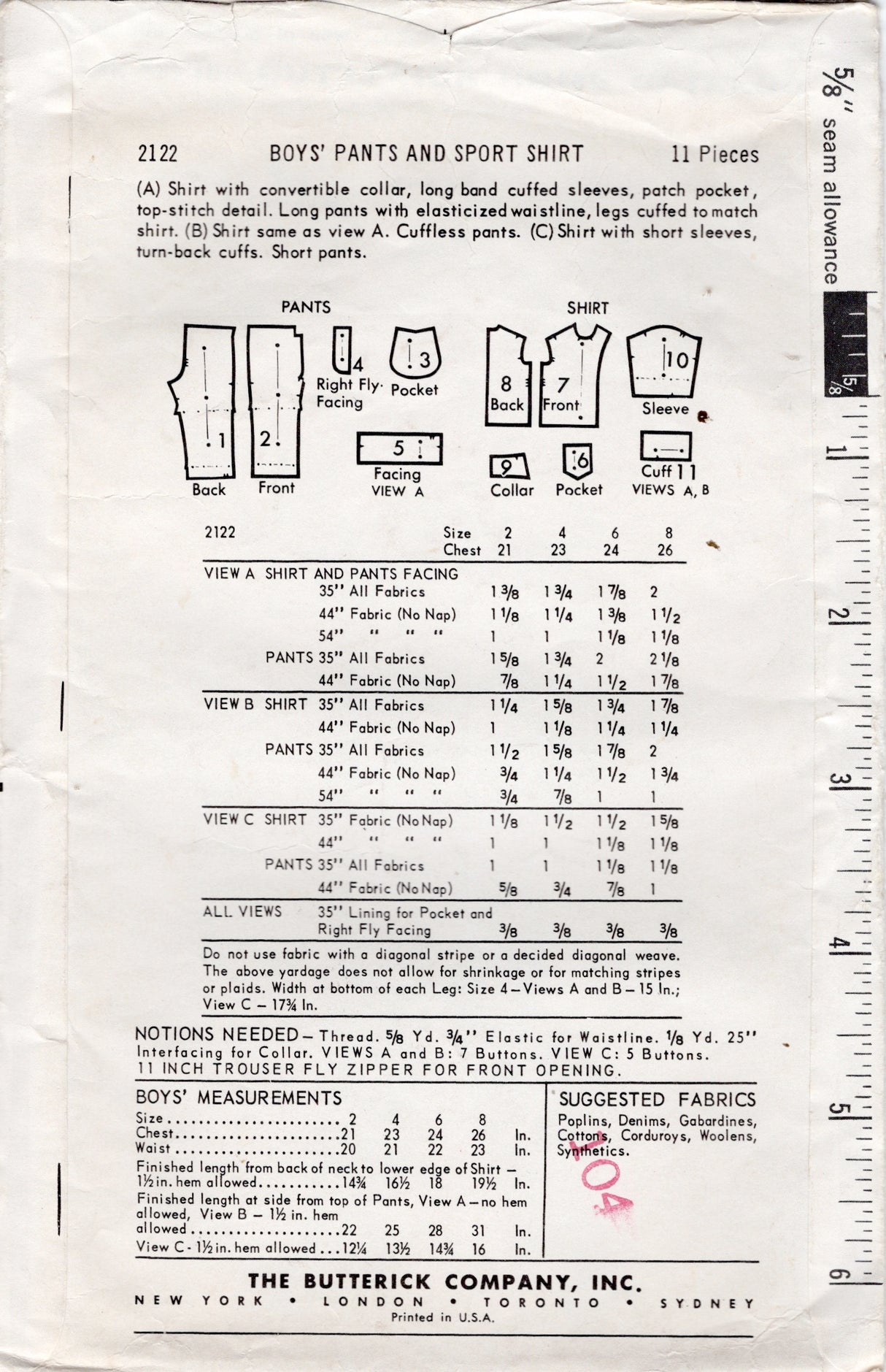 1960's Butterick Child's Sports Shirt and Pants or Shorts pattern - Chest 21" - No. 2122