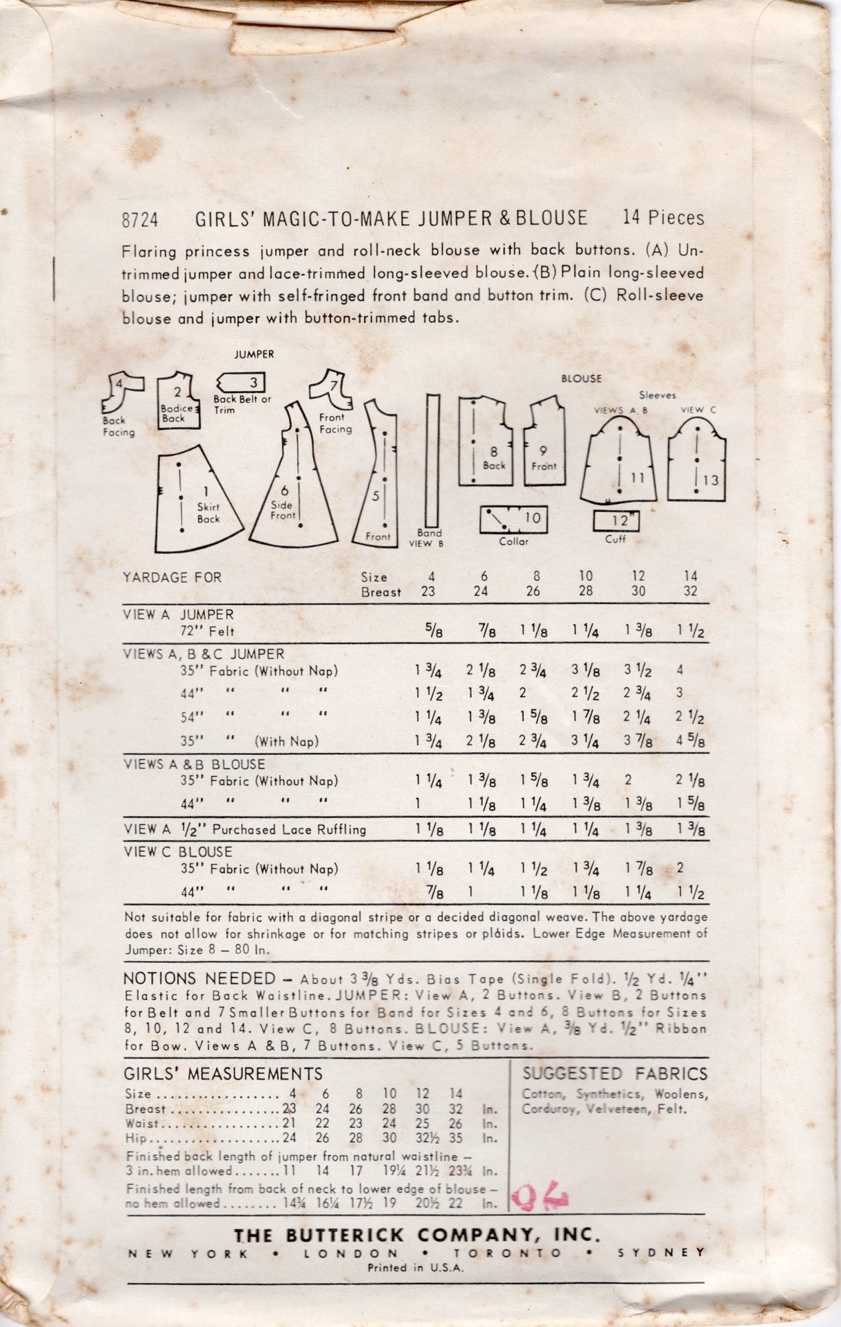 1950's Butterick Child's Princess Line Jumper Dress and Blouse- Chest 28" - No. 8724