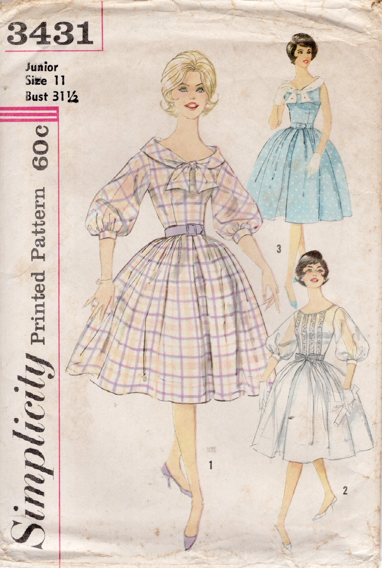 1960's Simplicity Boat Neckline Fit and Flare Dress Pattern with 3/4 Puff Sleeve - Bust 31.5" - No. 3431