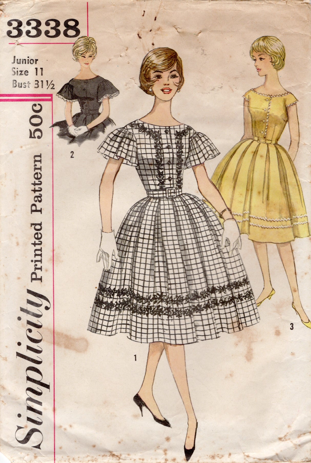 1960's Simplicity Boat Neckline Fit and Flare Dress Pattern with Cape Sleeve - Bust 31.5" - No. 3338